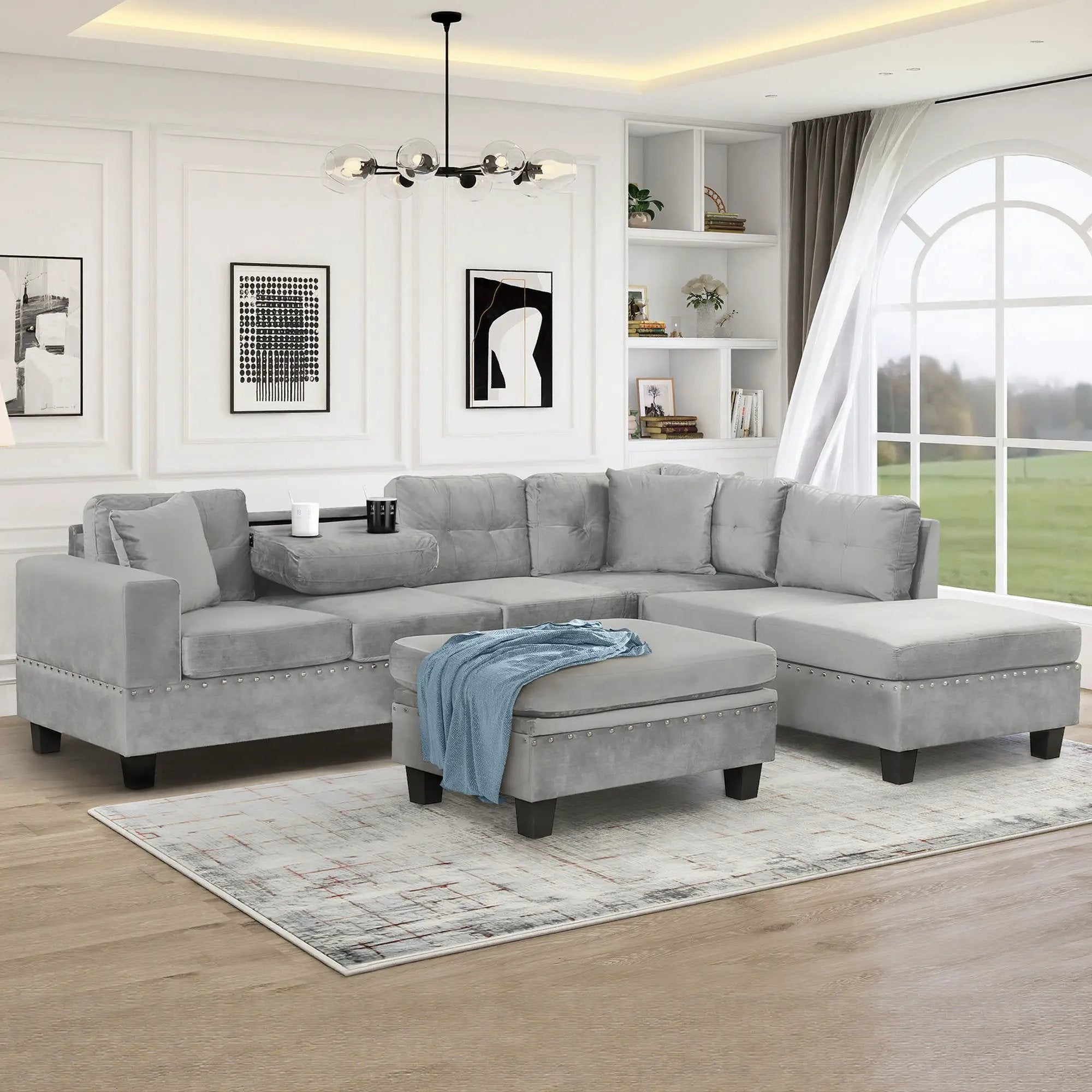 Modern Sectional Sofa With Storage Ottoman, L - Shape Couch With 2 Pillows And Cup Holders by HouseOfZazla