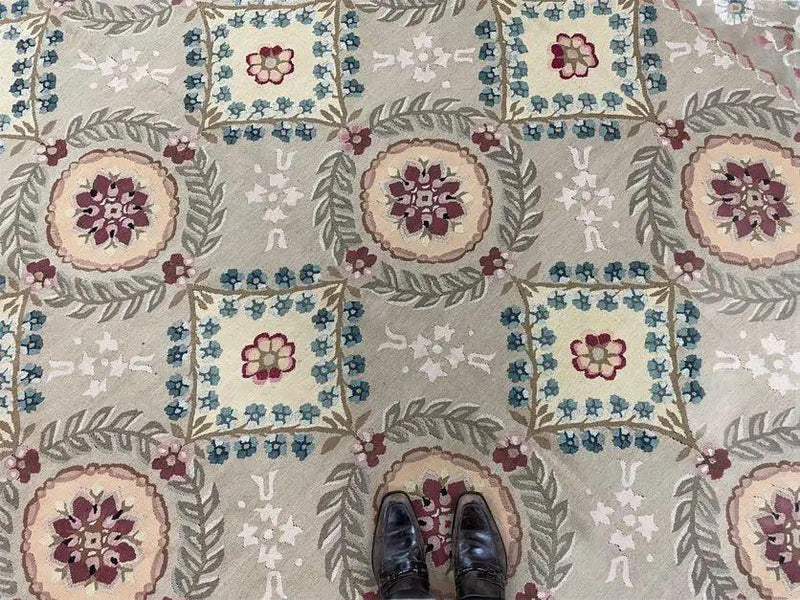 9x13 Needlepoint Carpet, French Design Rug, Hand-Knotted, Brand New Needlepoint Rug 9 x 13, English French European Style, Beige Floral by Jewel Rugs