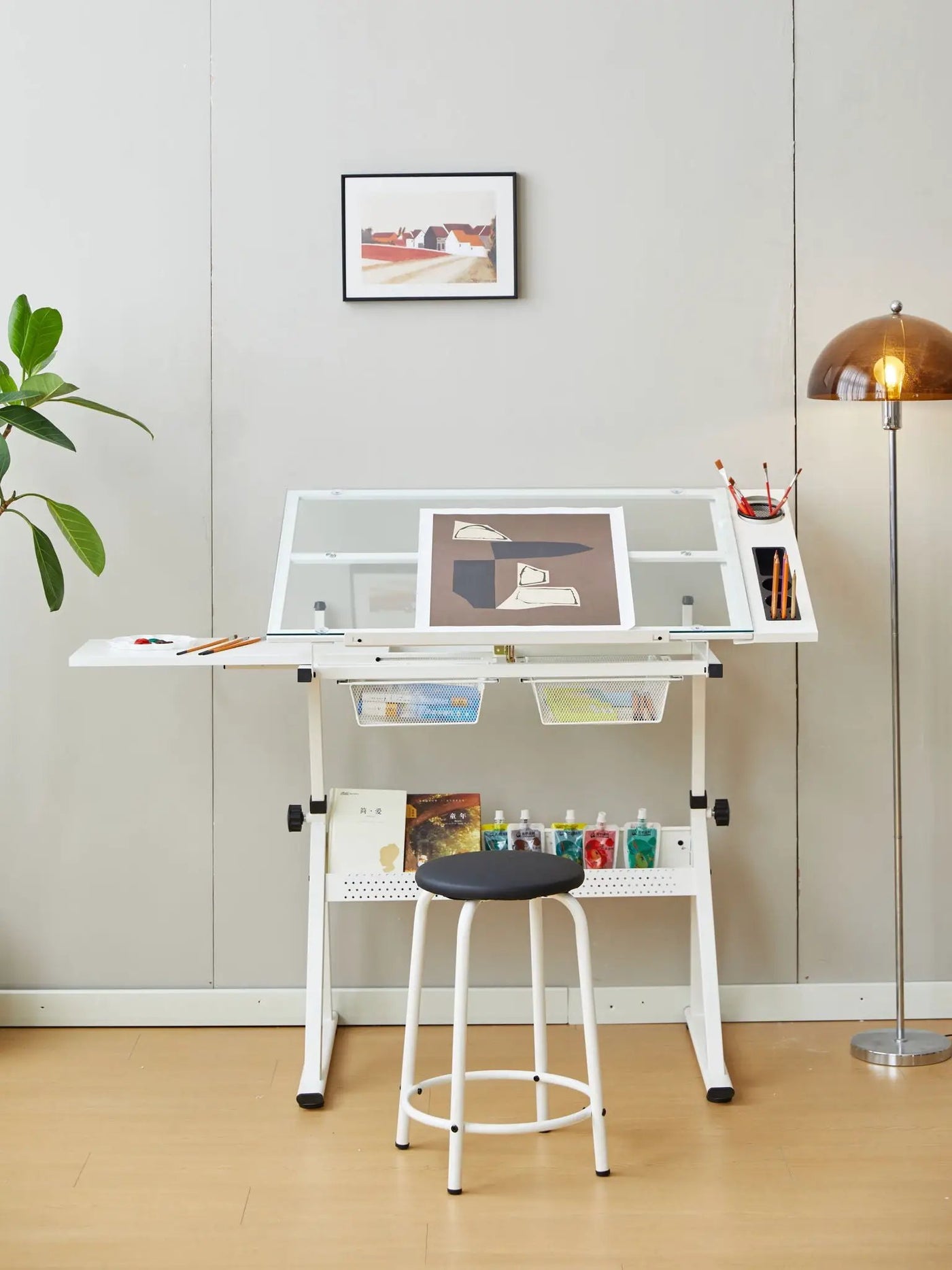 Adjustable Tempered Glass Drafting Printing Table With Chair by Unique Piece Furniture