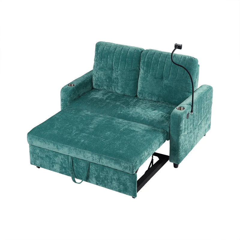 Modern Loveseat Pull Out Sofa Bed With Adjustable Backrest, Two Cup Holders, A Phone Holder, Three Charging Ports And Side Storage Pockets For Living Room by HouseOfZazla