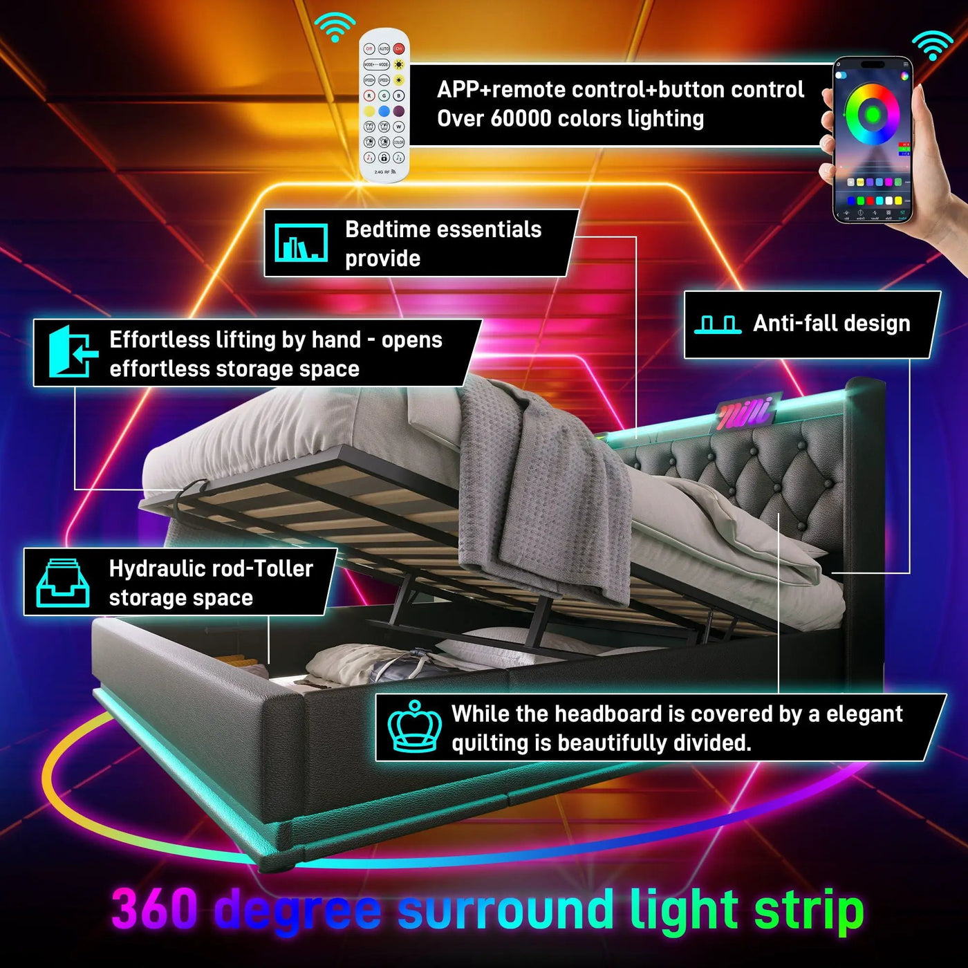 Upholstered Bed, 360 Surround LED Function, Remote Control, Hydraulic Storage Bed With USB, Type-C Charging (Without Mattress) by Unique Piece Furniture