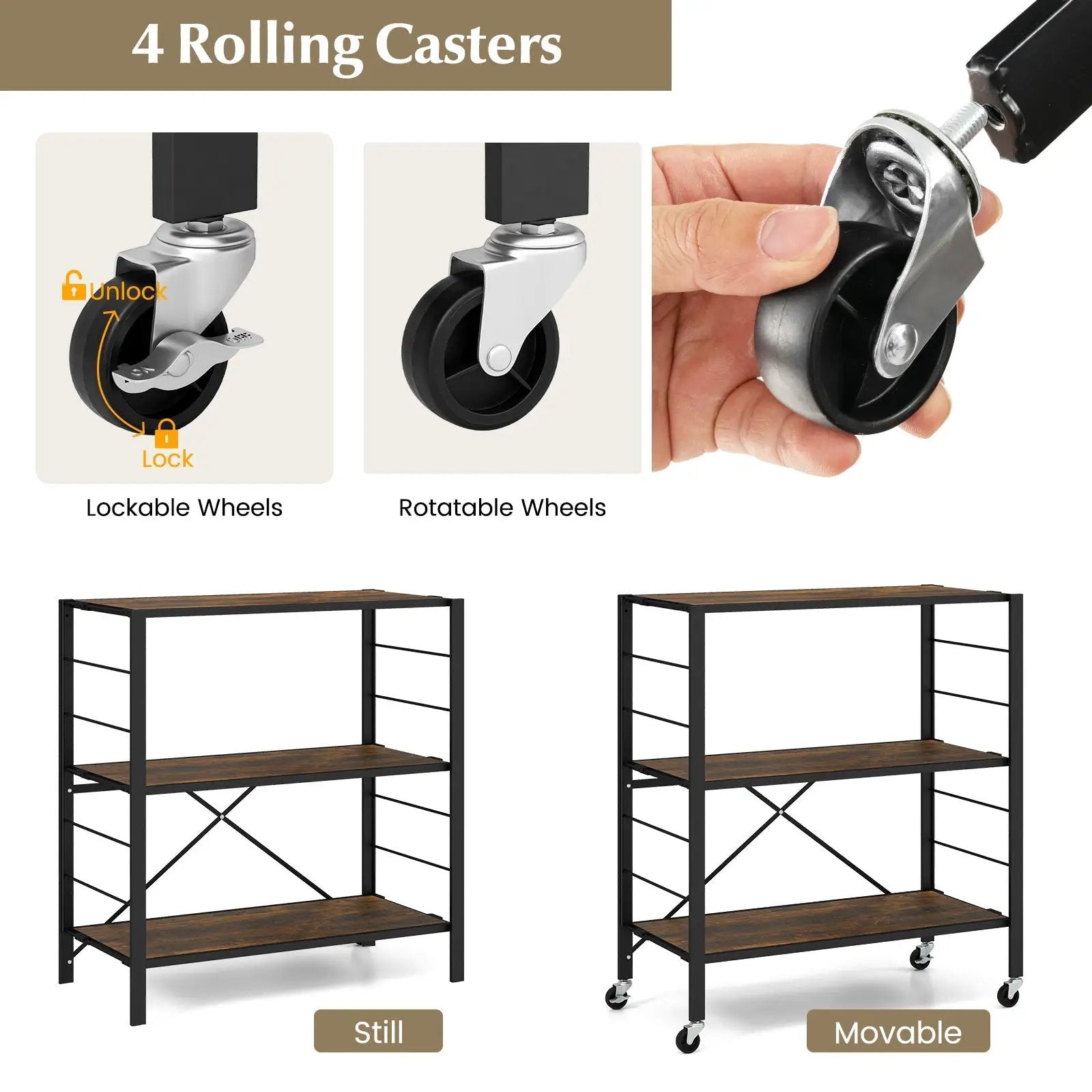 3-Tier Foldable Shelving Unit with Detachable Wheels and Adjustable Shelves by DirectDeals