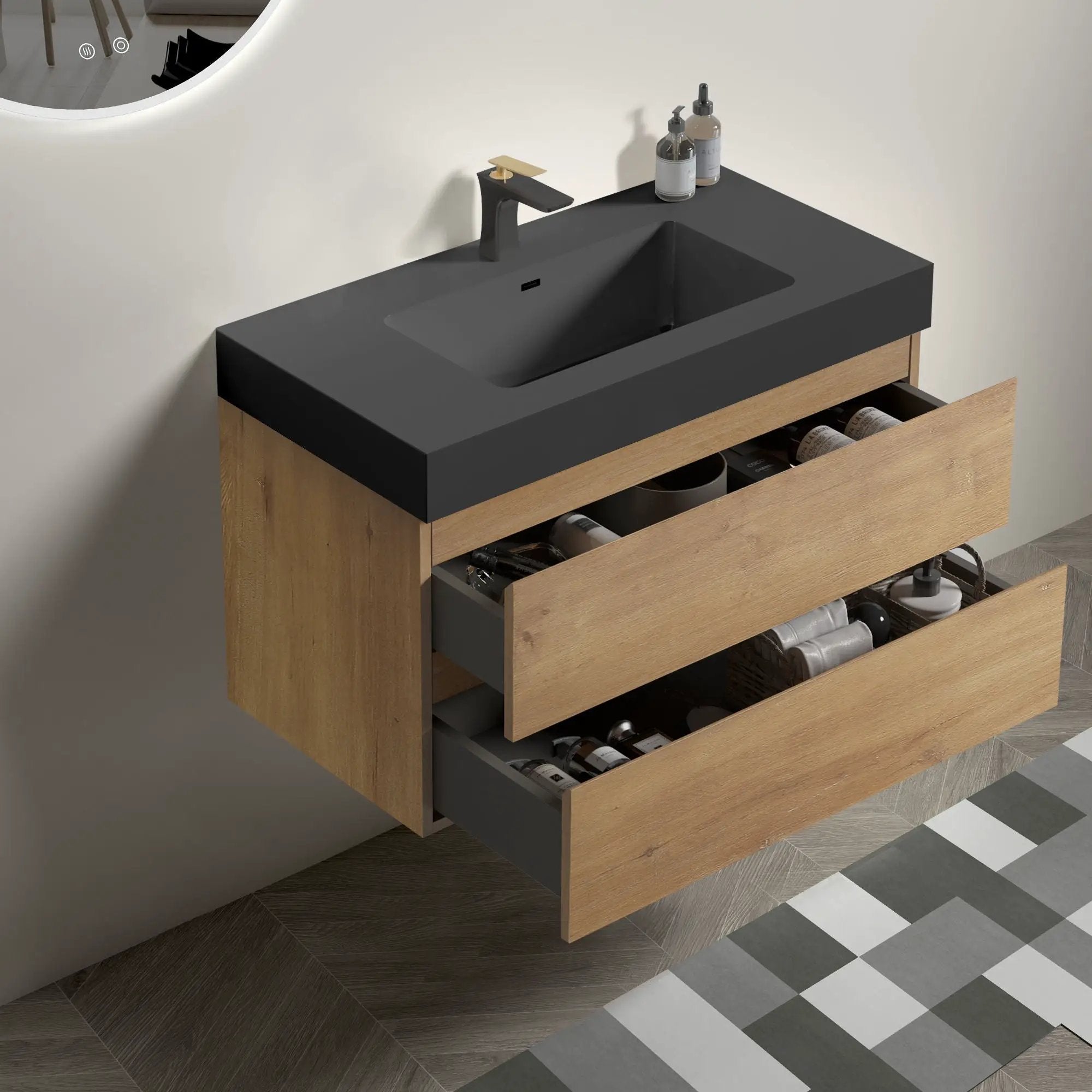 Alice - Natural Oak Bathroom Vanity With Sink, Large Storage Wall Mounted Floating Bathroom Vanity For Modern Bathroom, One-Piece Sink Basin Without Drain by Unique Piece Furniture