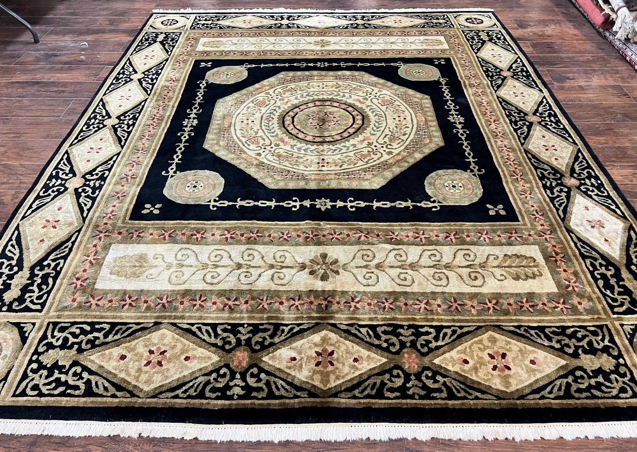 Tibetan Rug 8x10, Nepali Area Rug, Soft New Zealand Wool Carpet 8 x 10 ft, Black Tan Beige, Vintage Handmade Rug, French Aubusson Pattern by Jewel Rugs