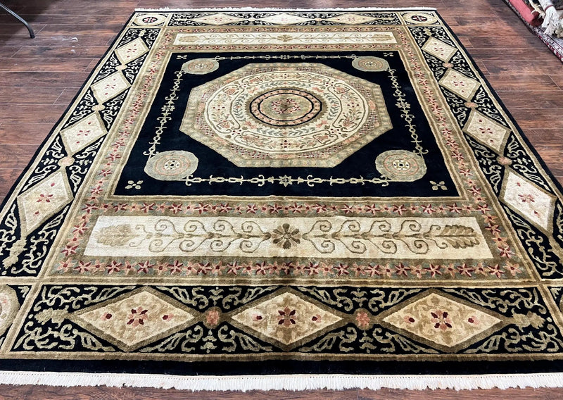 Tibetan Rug 8x10, Nepali Area Rug, Soft New Zealand Wool Carpet 8 x 10 ft, Black Tan Beige, Vintage Handmade Rug, French Aubusson Pattern by Jewel Rugs