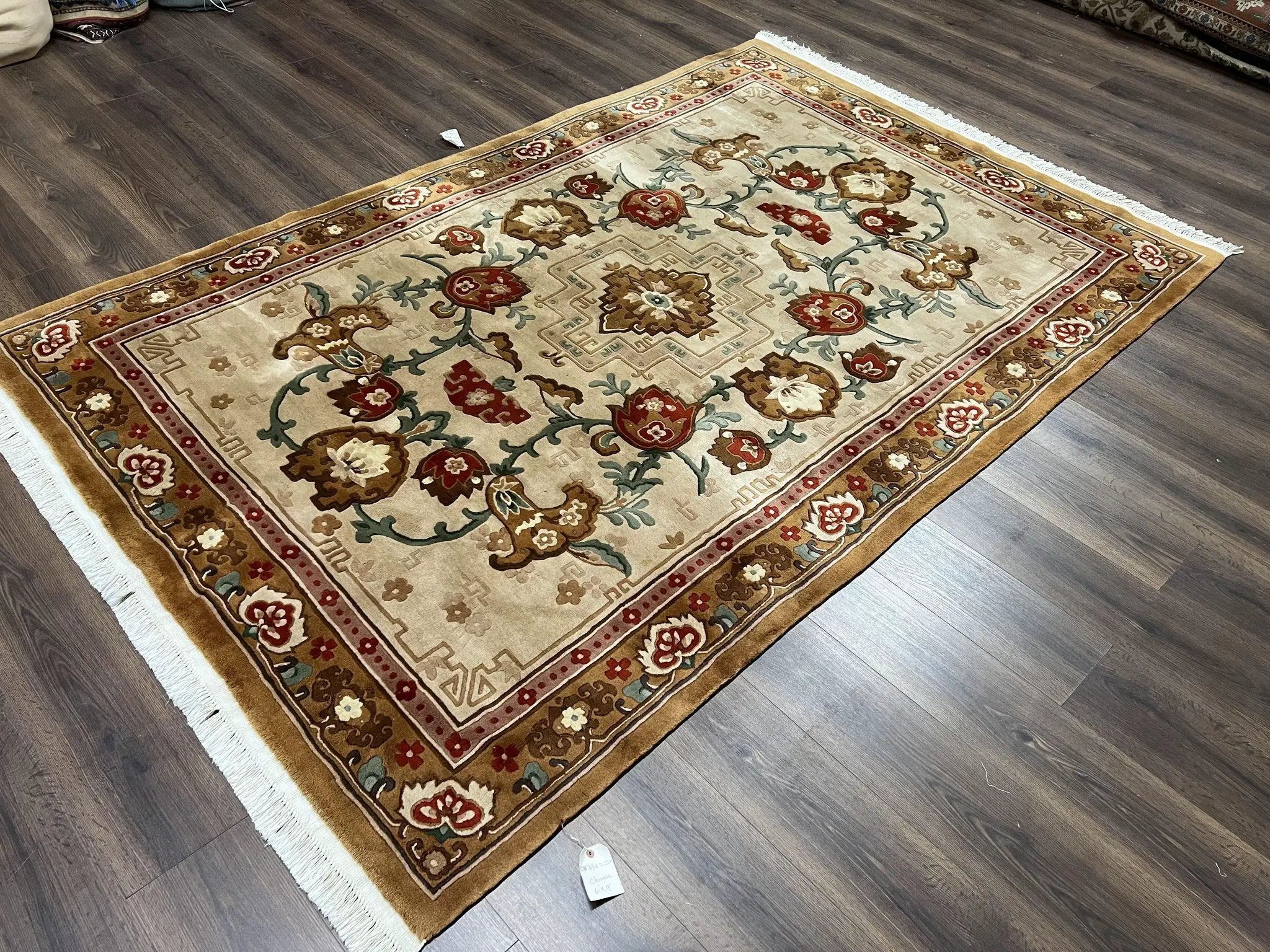 Chinese Wool Rug 5.9 x 9, Tan and Brown Asian Art Deco Carpet, Vintage 1960s Oriental Rug, Hand-Knotted Rug, Soft Wool, Medallion, Pair B by Jewel Rugs