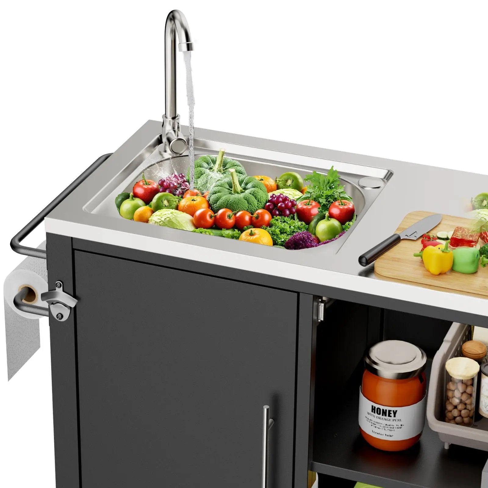 Outdoor Grill Cart With 304 Stainless Steel Sink And Cabinet - Black / Silver by HouseOfZazla