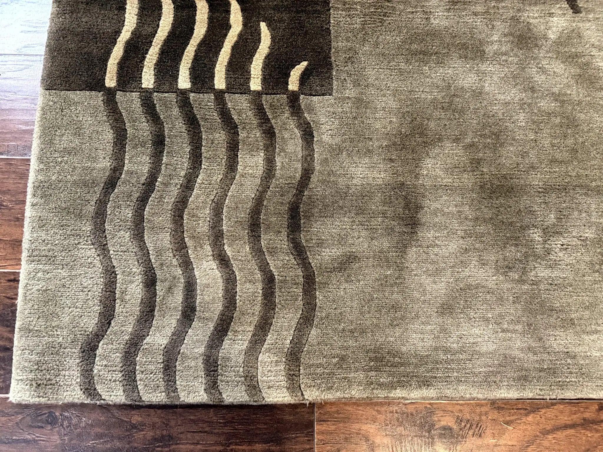 Modern Tibetan Wool Rug 3.6 x 5.6, Shades of Green, Abstract Design by Jewel Rugs