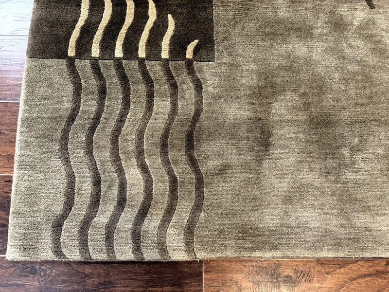 Modern Tibetan Wool Rug 3.6 x 5.6, Shades of Green, Abstract Design by Jewel Rugs
