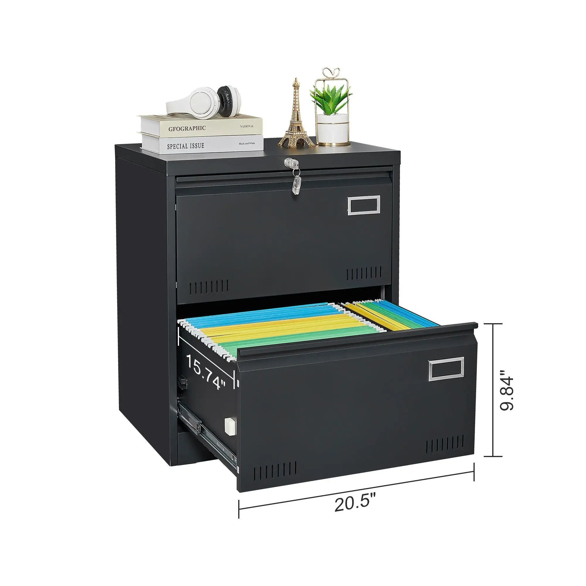 2 Drawer Metal Lateral File Cabinet With Lock, Office Vertical Files Cabinet For Home Office, Locking Metal File Cabinet - Black by Unique Piece Furniture
