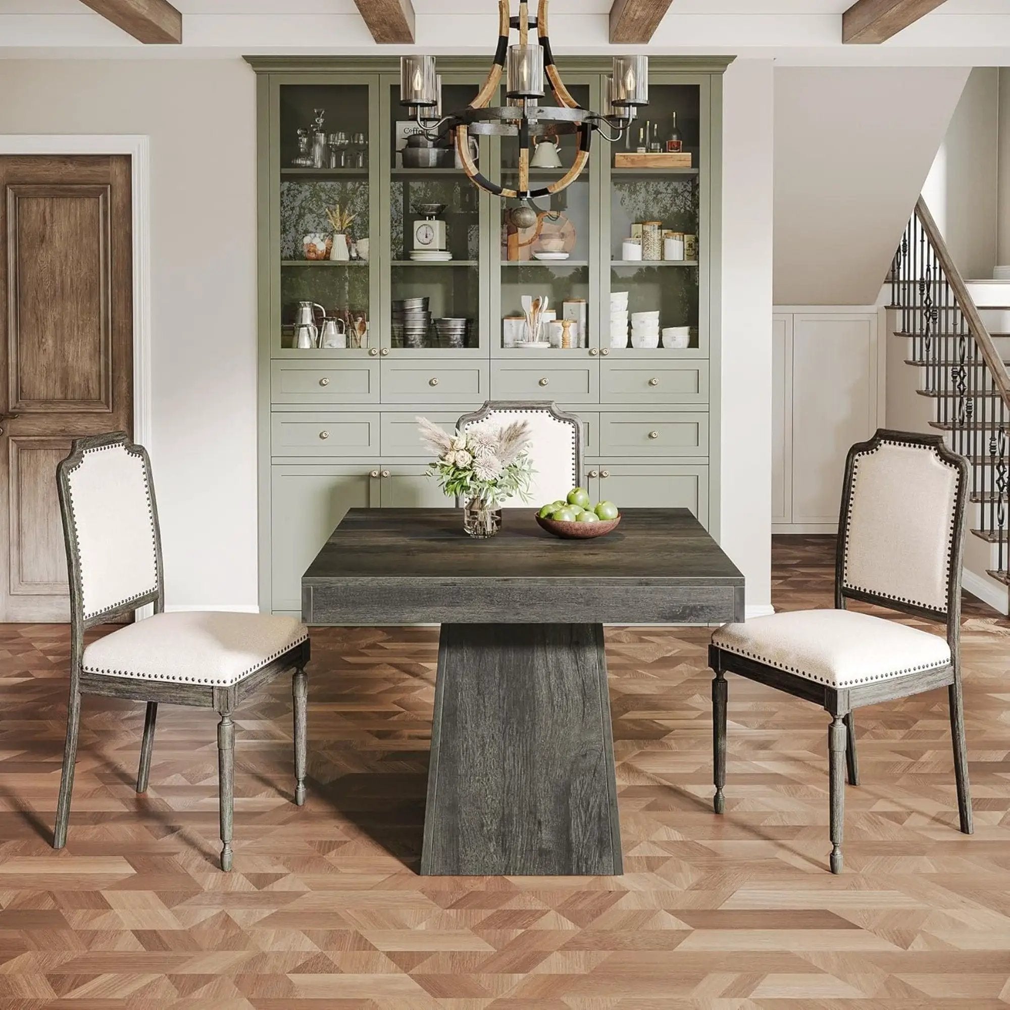 Square Dining Table For 4 With Thick Grain Top And Sturdy Pedestal Base - Gray