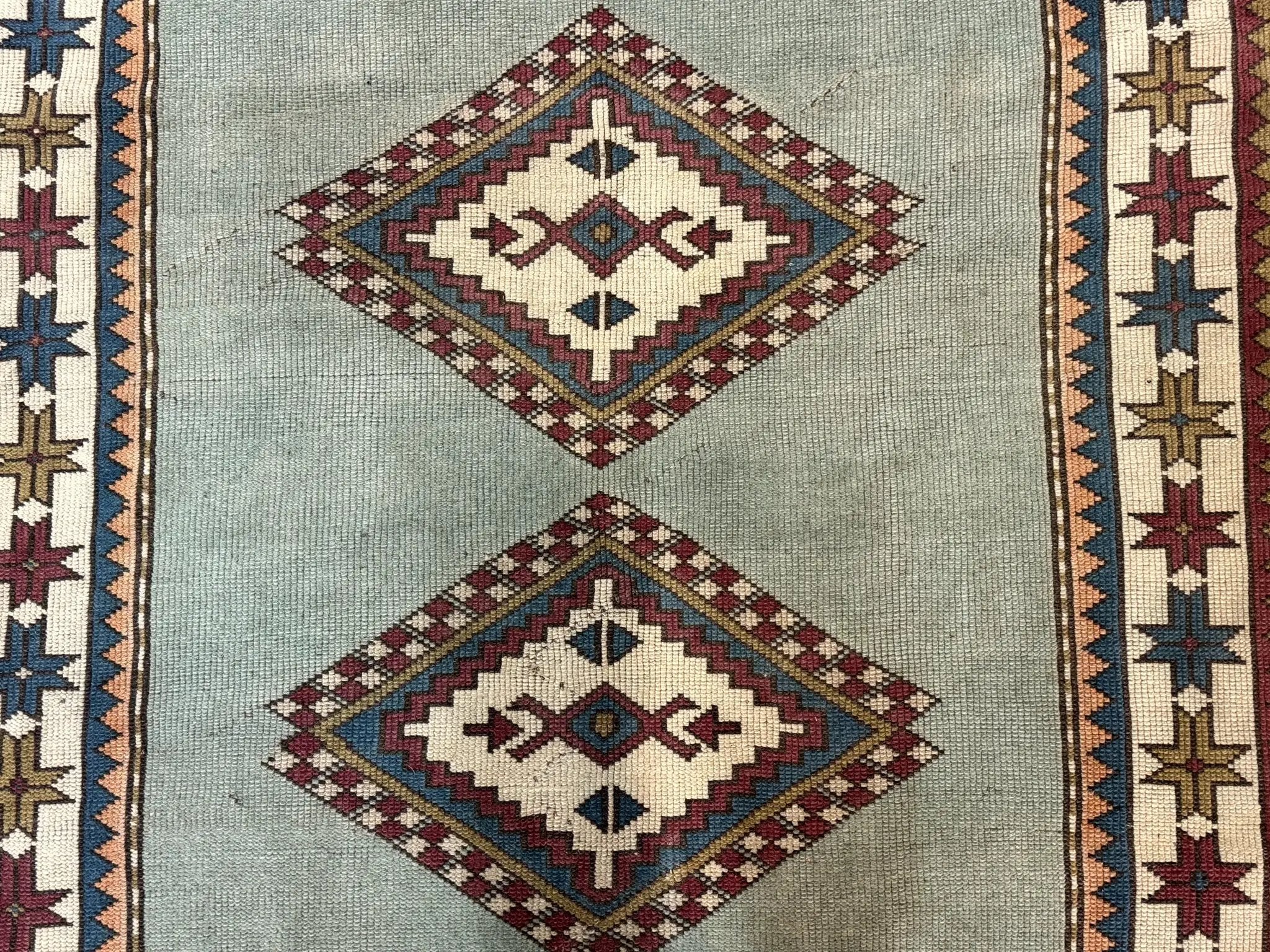 Turkish Kazak Rug 4x6, Geometric Medallion, Caucasian Design Rug, Semi Antique Vintage, Mint Green Maroon Ivory by Jewel Rugs