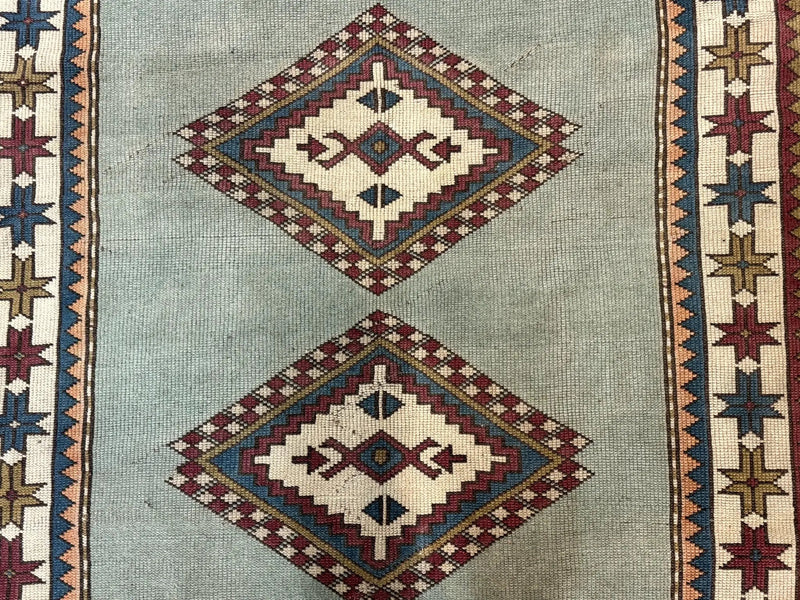 Turkish Kazak Rug 4x6, Geometric Medallion, Caucasian Design Rug, Semi Antique Vintage, Mint Green Maroon Ivory by Jewel Rugs