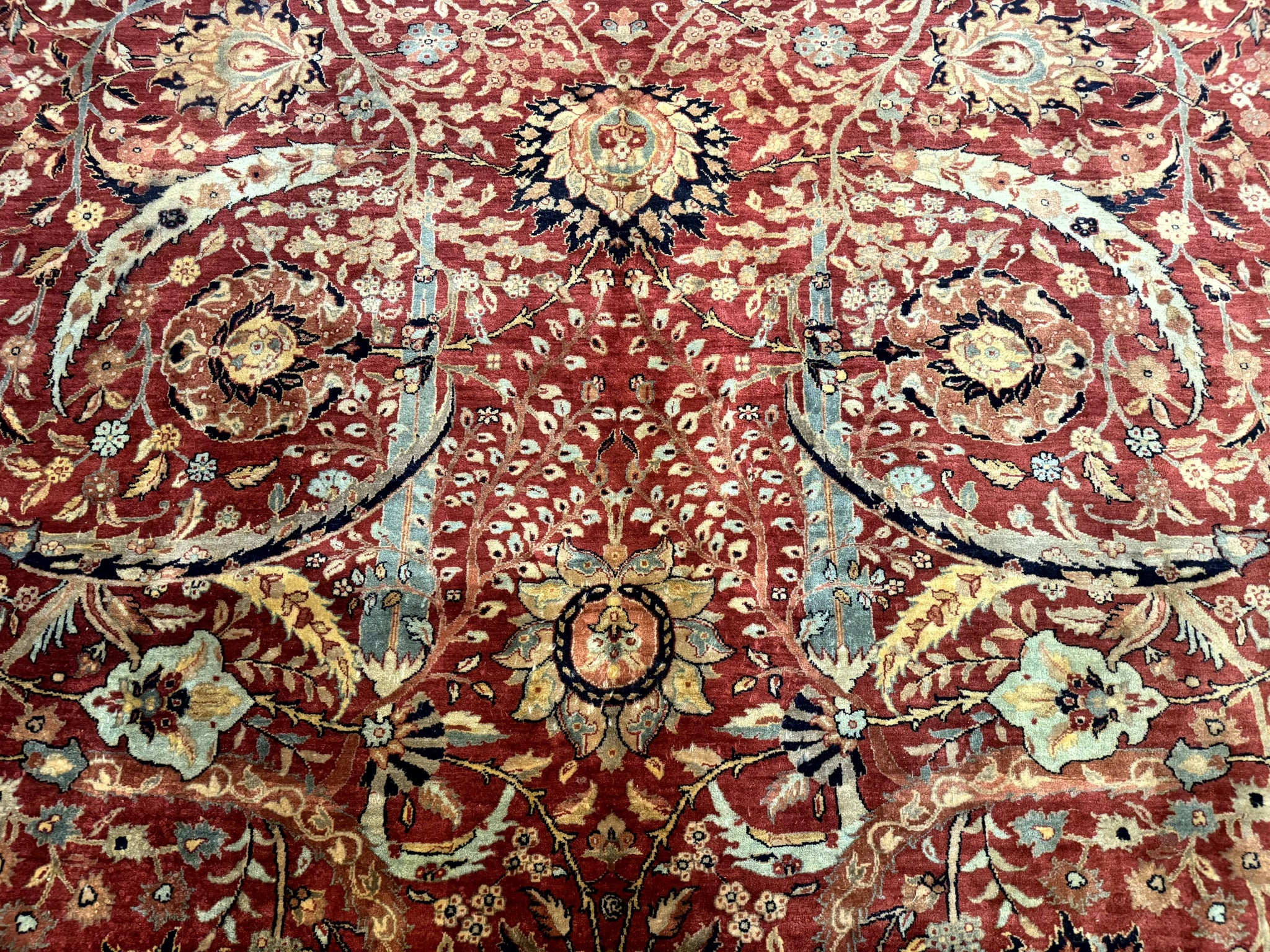 Indian Agra Rug 9x11, Terracotta and Navy Blue, Sickle Leaf Rug by Jewel Rugs