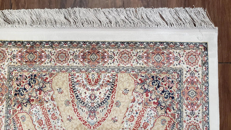 Persian Design Silk Accent Rug, Dome Medallion, Allover Pattern Oriental Carpet, Small Silk Rug, Cream, Ivory, Bamboo Silk, 2' 8" x 4' 1" by Jewel Rugs