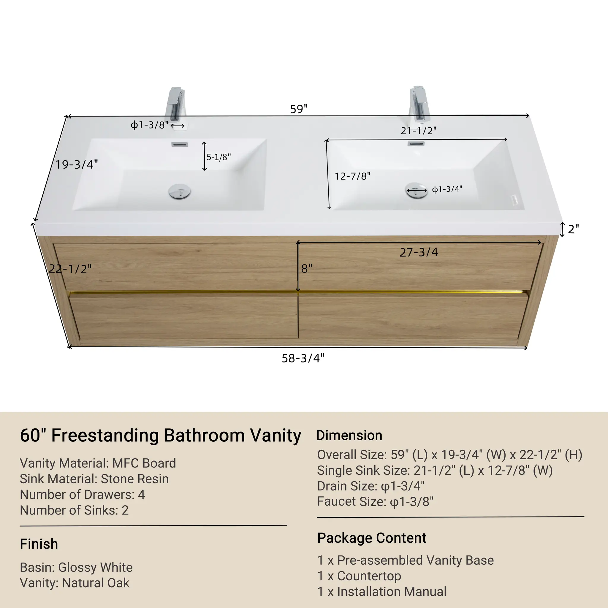 60" Wall-Mounted Bathroom Vanity with Double Sinks by HouseOfZazla