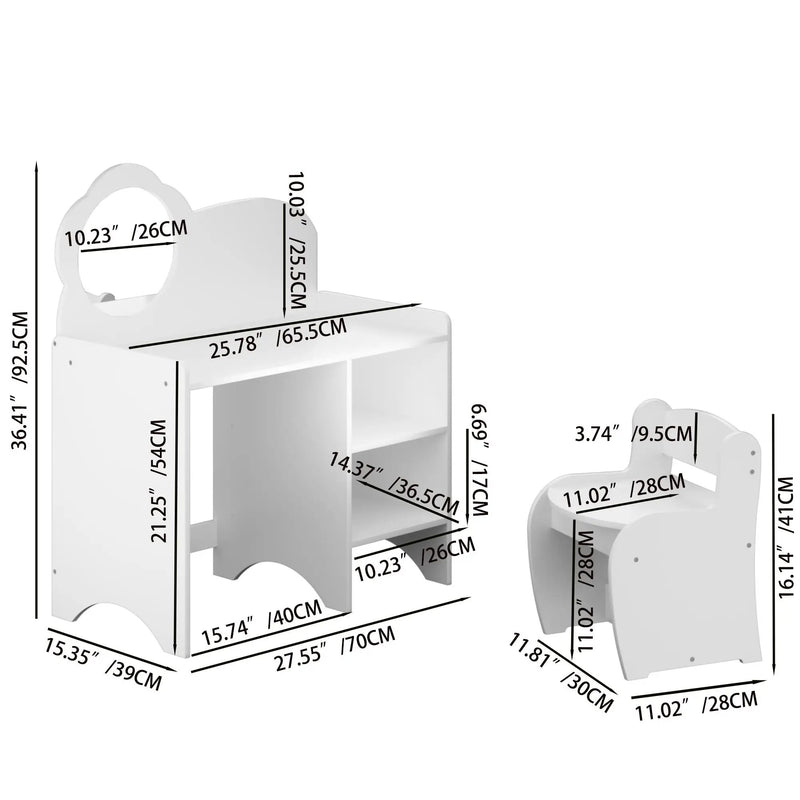Kids Vanity Table With Mirror And Chair, Dressing Makeup Desk With Storage Shelves - White by HouseOfZazla