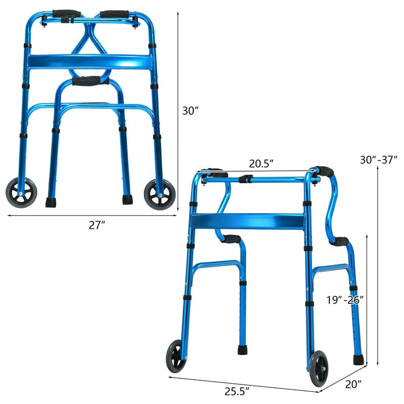 Adjustable Heavy-Duty Folding Walker with Unidirectional Wheels and Bi-Level Armrests-Black by DirectDeals