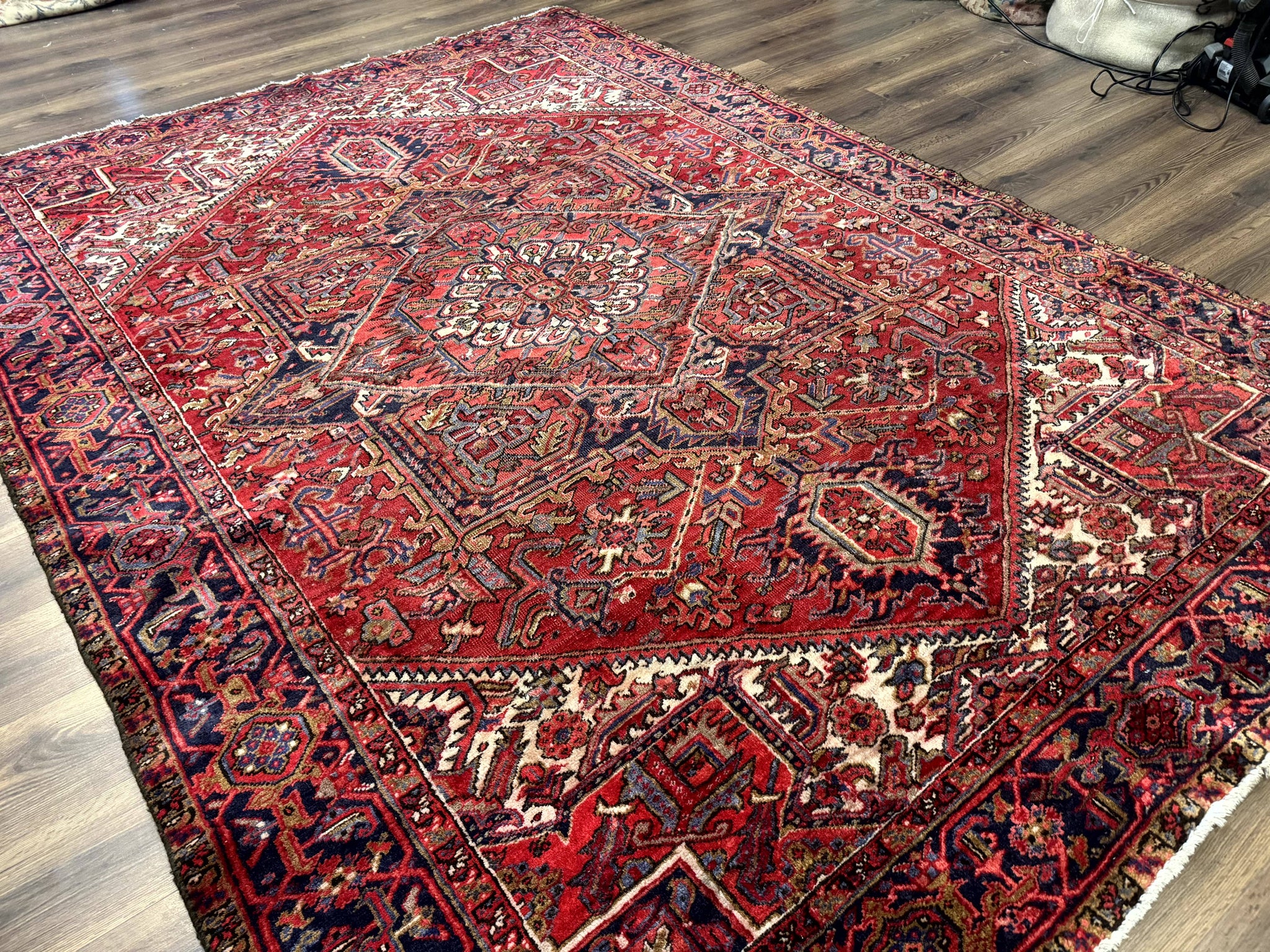 Persian Heriz Rug 7x10, Geometric Pattern, Red Ivory Navy Blue by Jewel Rugs
