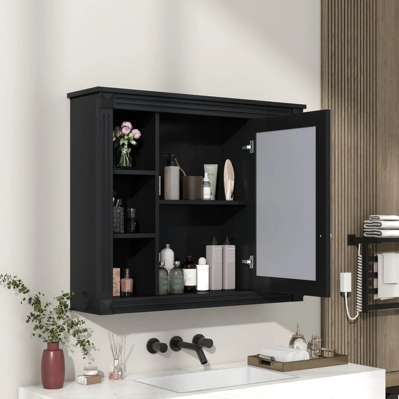 Wall-Mounted Bathroom Storage Cabinet With Mirror, 6 Open Shelves - Black by Unique Piece Furniture