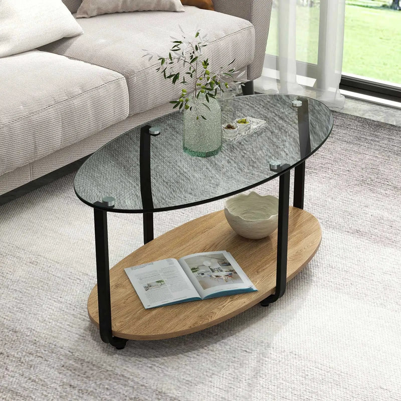 2-Tier Glass-Top Oval Coffee Table with Wooden Shelf for Living Room by DirectDeals