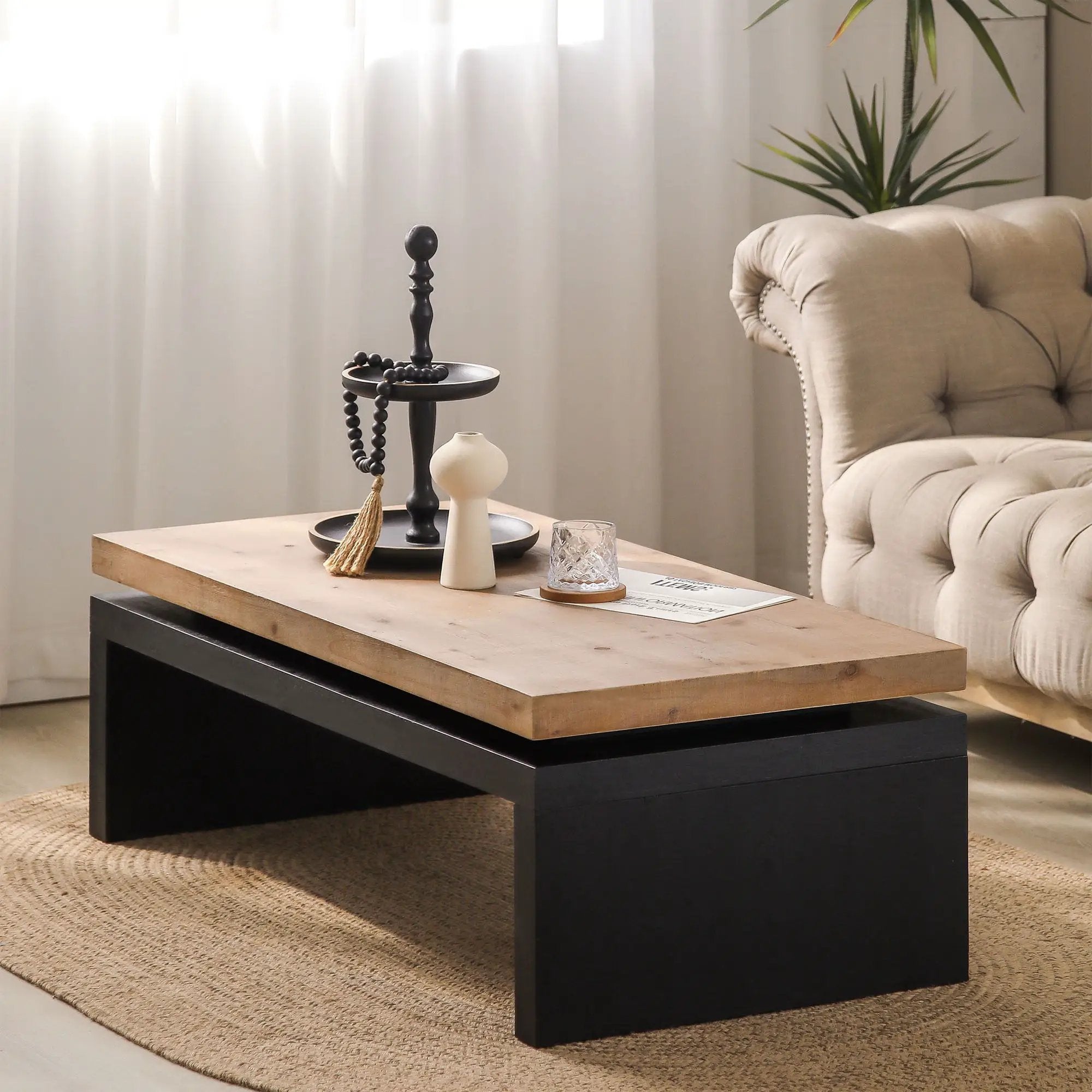 Coffee Table Rectangular Center Table For Living Room - Black / Natural / Multi / Natural Multi / Natural Wood / Natural Wood Wash by Unique Piece Furniture
