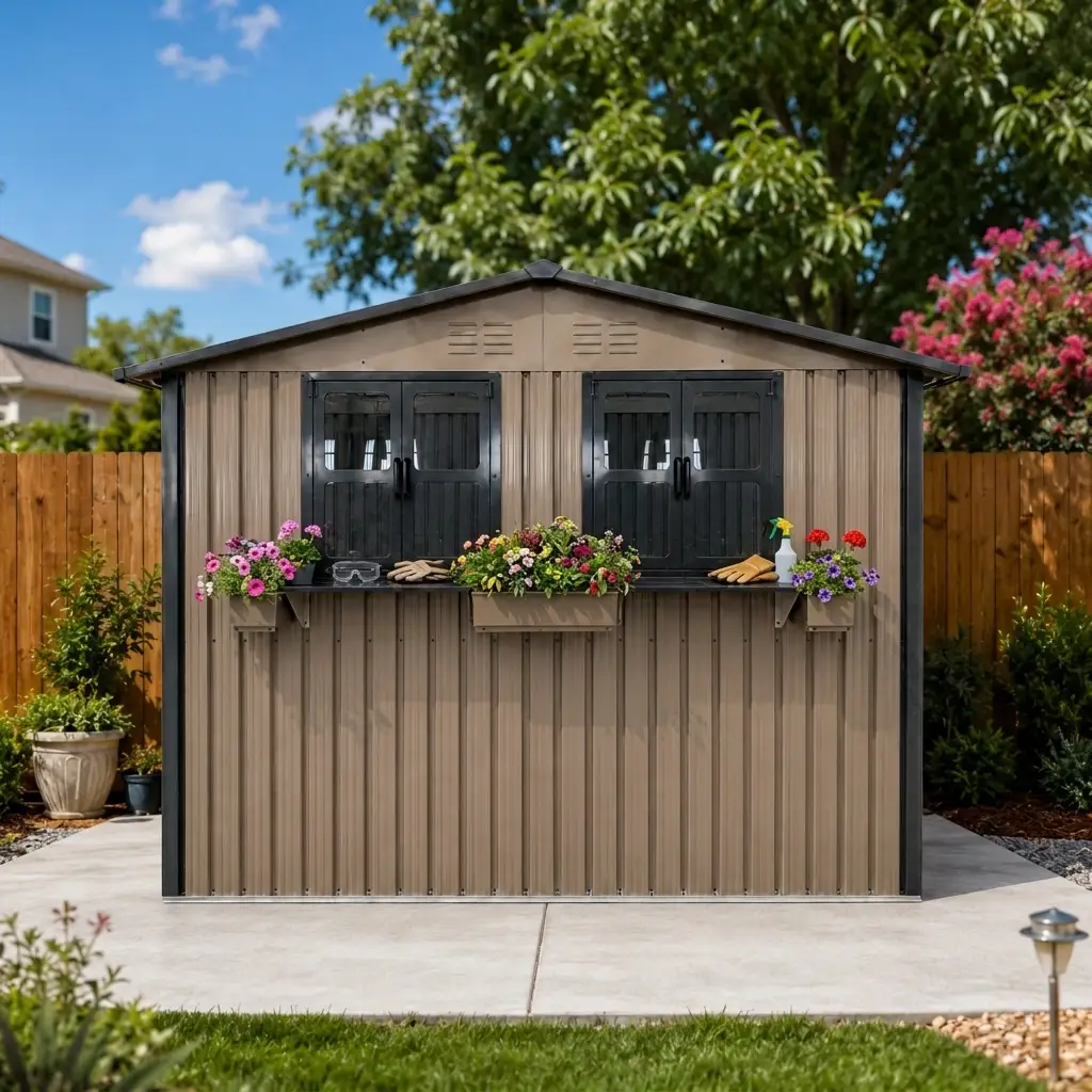 6x9 FT Outdoor Metal Storage Shed with Window & Flower Rack by HouseOfZazla