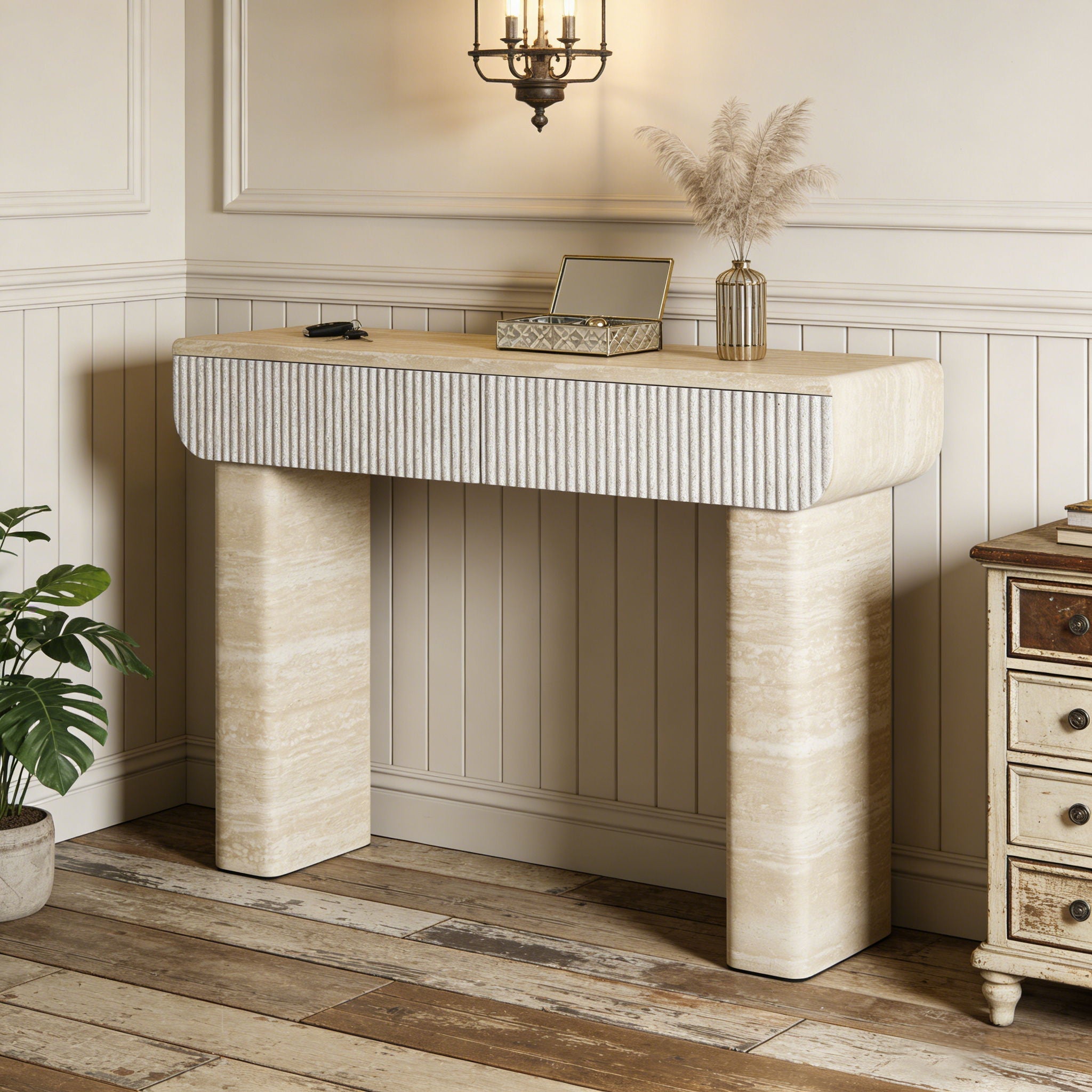 Entryway Table With 2 Hidden Handle Drawers For Entrance - Beige / Yellow by HouseOfZazla