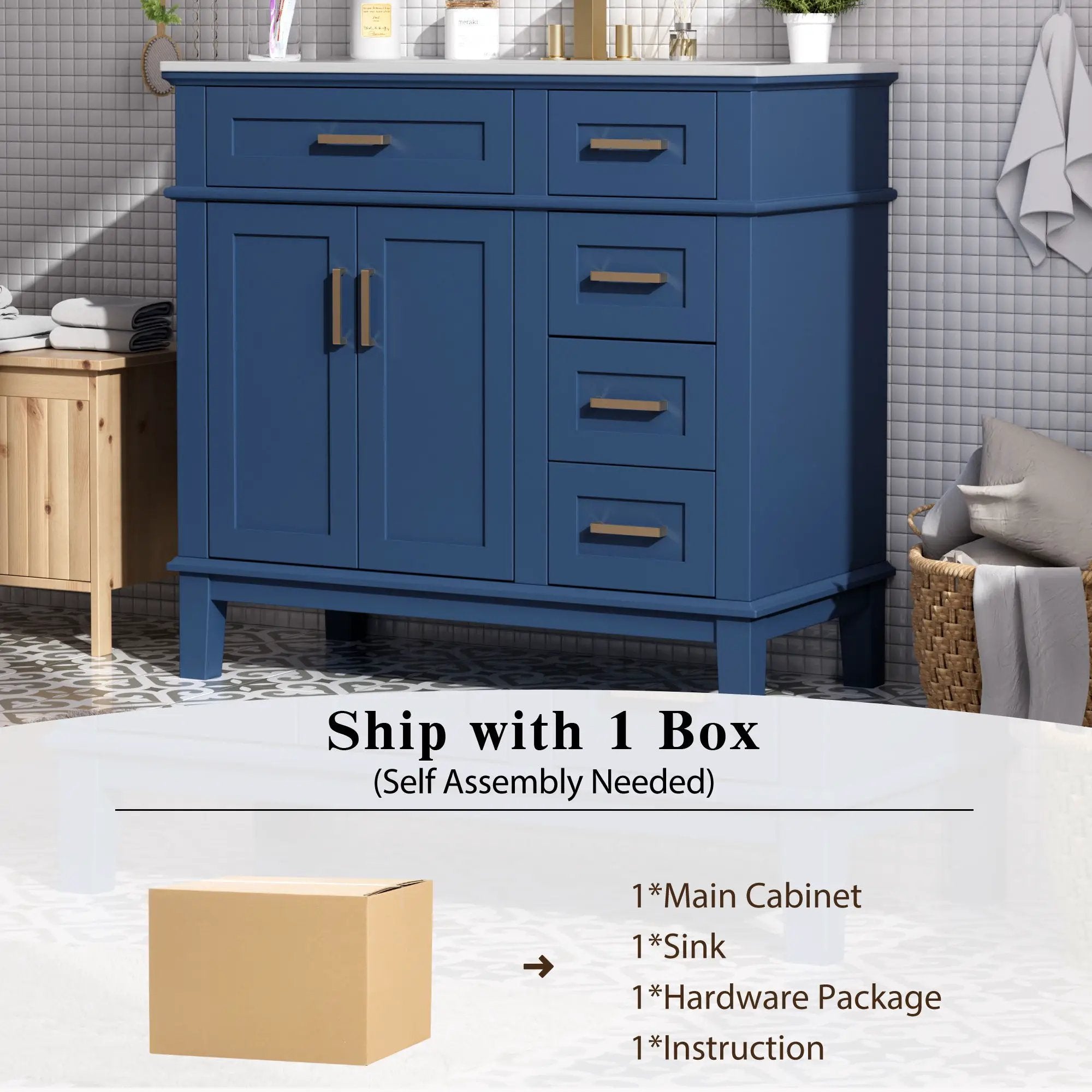 Bathroom Vanity With Ceramic Sink, Soft-Close Doors, 4 Storage Drawers - Blue by HouseOfZazla