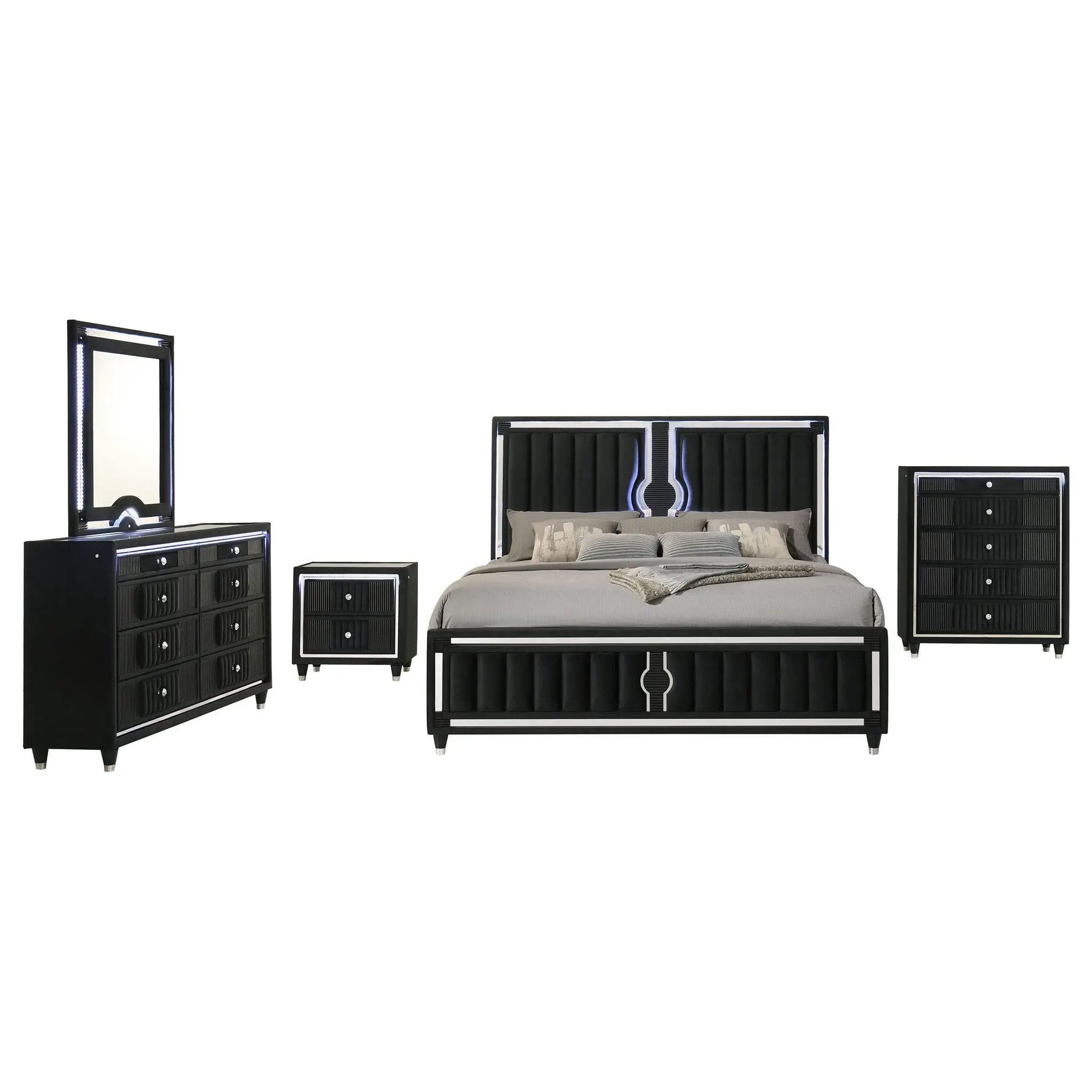 Ravenne 5-piece Velvet Upholstered Queen LED Bedroom Set Black by Unique Piece Furniture