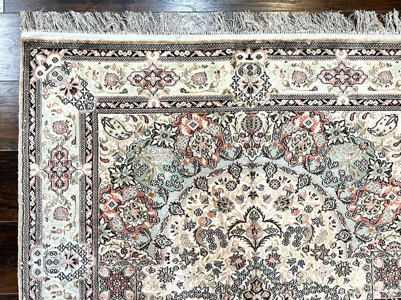 Silk Indian Kashmiri Rug 4x6, Handmade, Ivory, Fine 240 KPSI by Jewel Rugs
