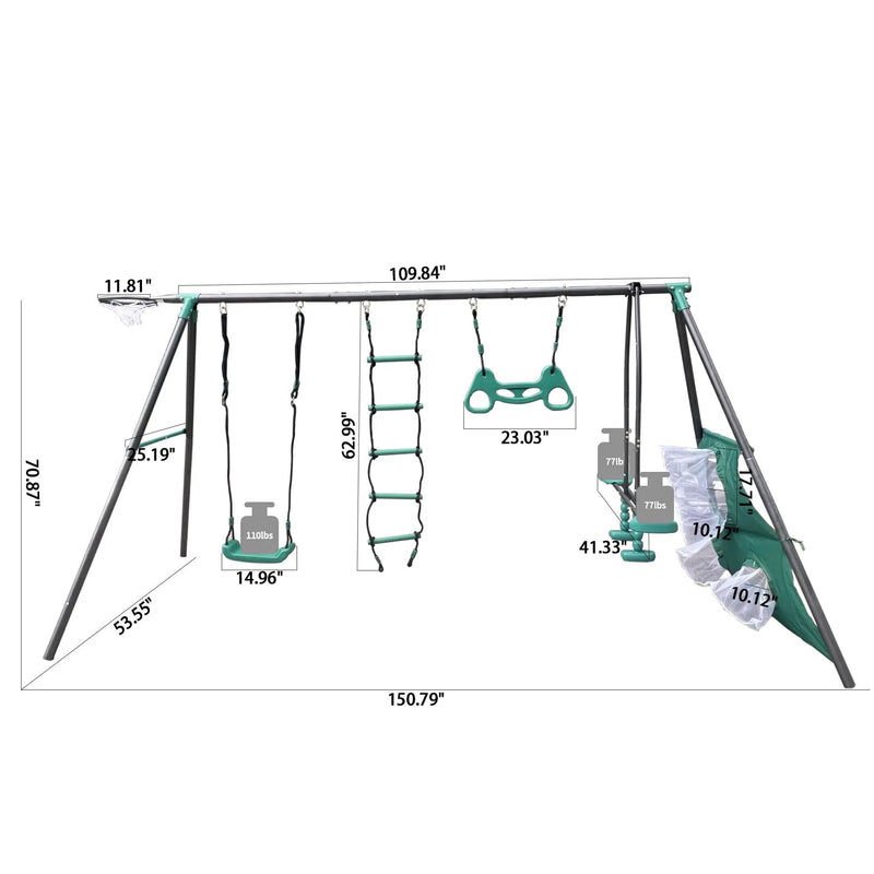 Interesting Four Function Swingset With Face To Face Metal Plastic Safe Swing Seat 550Lbs For Outdoor Playground For Age 3+ - Blackish Green by HouseOfZazla