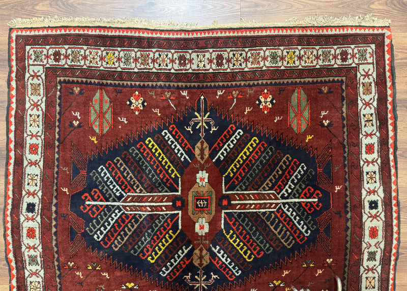 Antique Persian Tribal Rug 5 x 7.8, Triple Medallions, Red, Persian Afshar Rug by Jewel Rugs