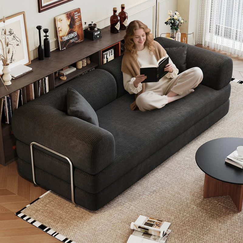 78.8' Compression Sofa,Convertible Floor Sofa Bed-with Pillow Back Support Armrest,Comfy Futon Couch Sleeper Bed,Loveseats Boneless Modular Sectional Sofa,Corduroy fabric,for Living Room,Bedroom,Black by HouseOfZazla