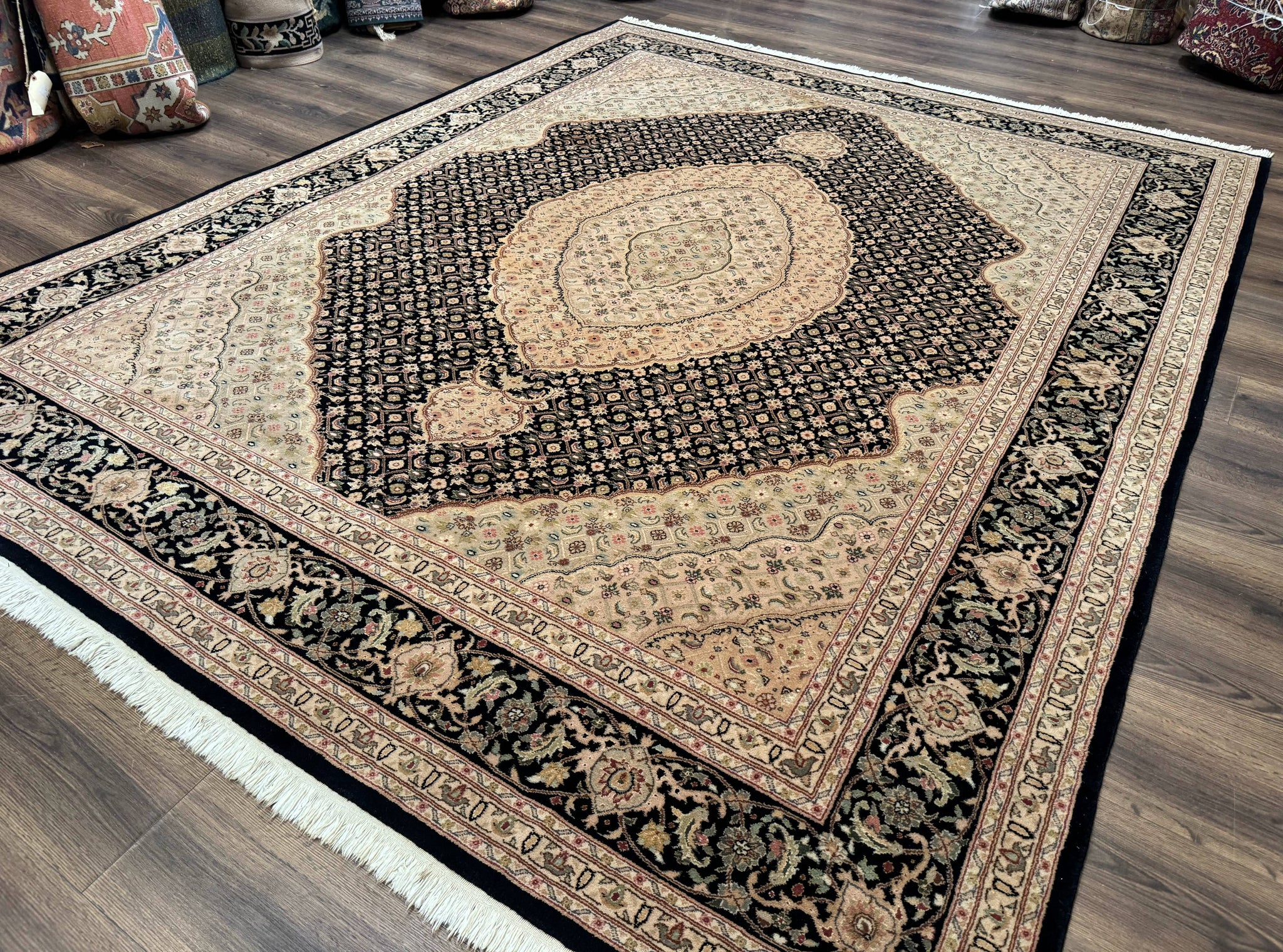 Sino Persian Rug 8x10, Herati Mahi Pattern, Fine 170 KPSI, Black, Wool and Silk Highlights by Jewel Rugs