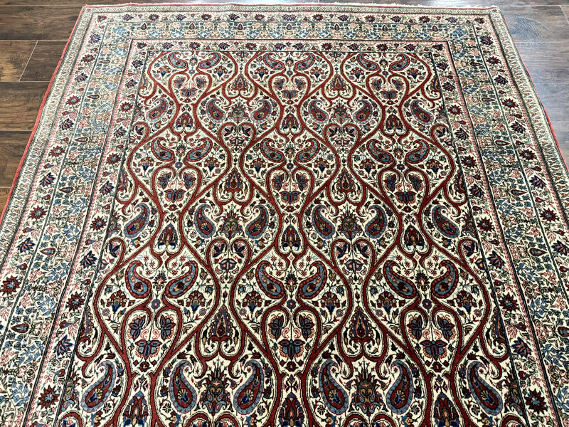 Unique Persian Qum Rug 5x7, Repeated Paisely Boteh Design, Ivory Red Blue, Handmade Antique Wool Persian Carpet, Finely Hand Knotted by Jewel Rugs