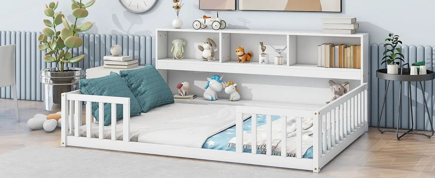 Floor Bed With Side Bookcase, Shelves, Guardrails by Unique Piece Furniture