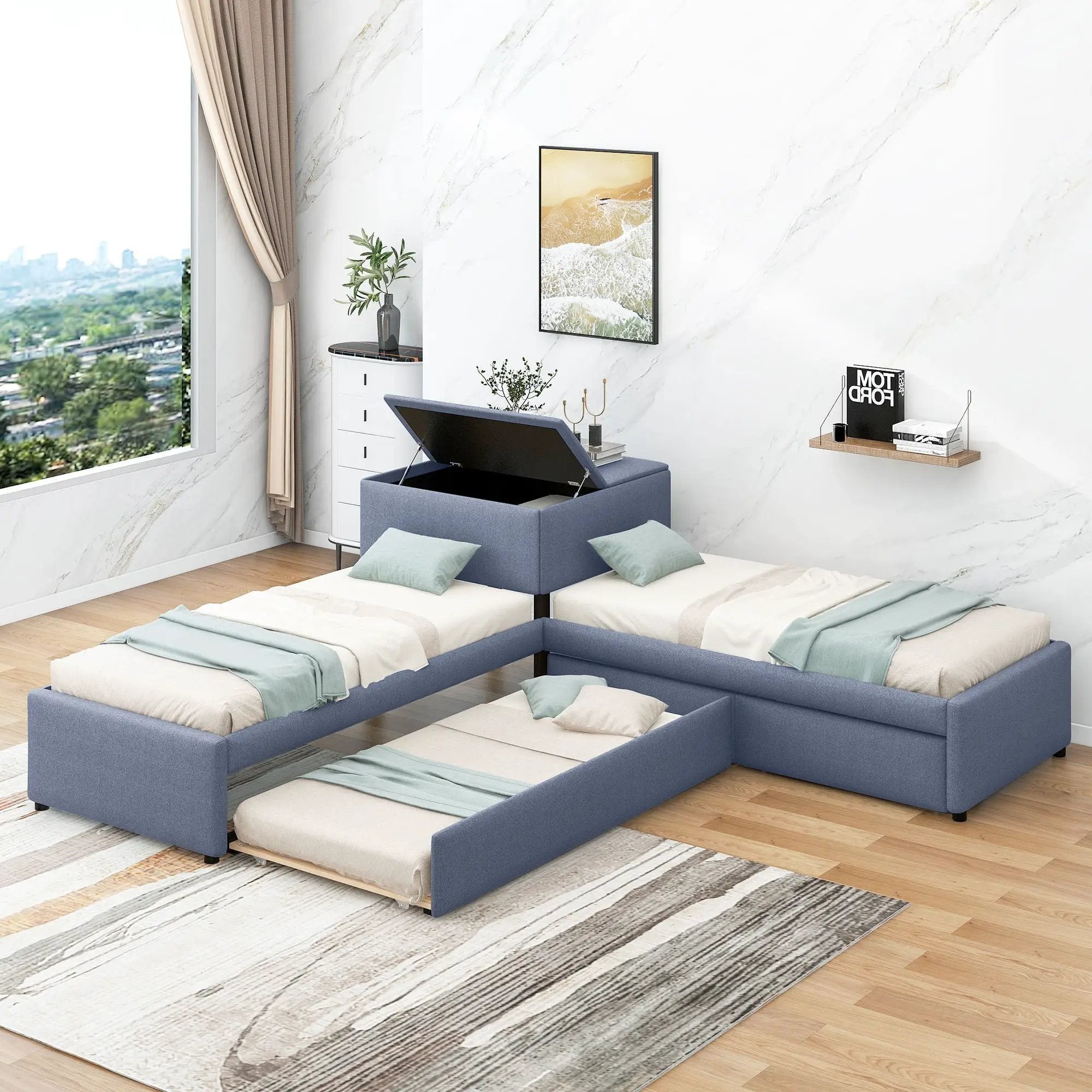 L Shaped Upholstered Platform Bed With Trundle And 2 Drawers Linked With Built In Desk by Unique Piece Furniture