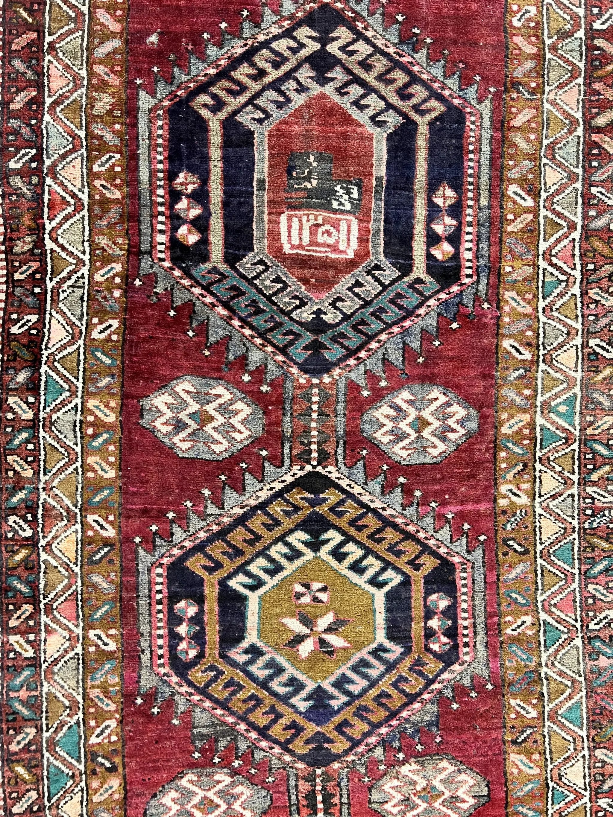 Persian Heriz Runner Rug 3.8 x 8.6, Geometric Design, Large Triple Medallions, Hand Knotted Handmade Vintage Wool Hallway Rug, Red by Jewel Rugs