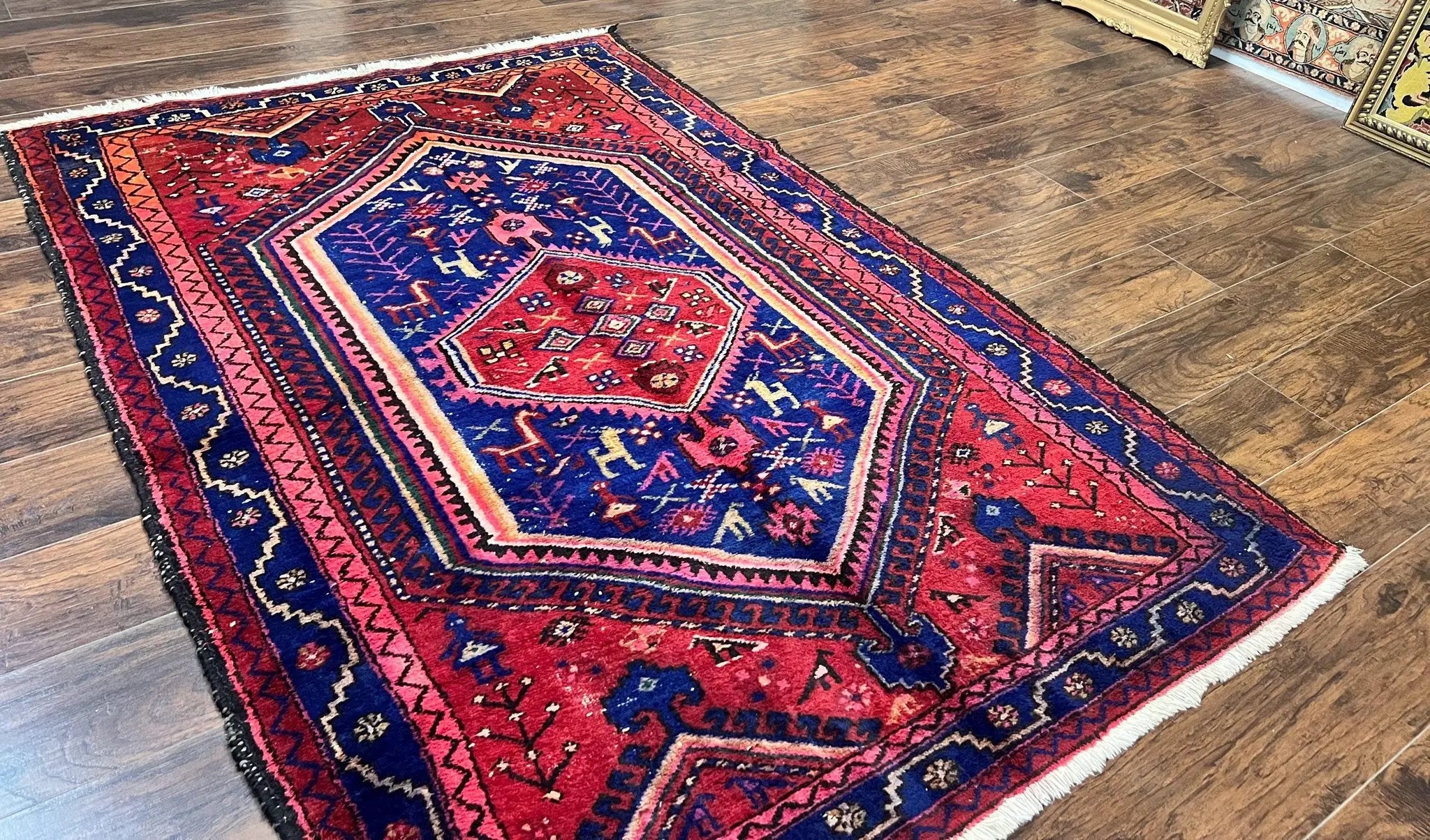 Persian Tribal Rug 5x7, Wool Handmade Vintage Hamadan Nahavand Carpet, Red & Navy Blue, Animal Motifs, Geometric Oriental Rug 5 x 7 by Jewel Rugs