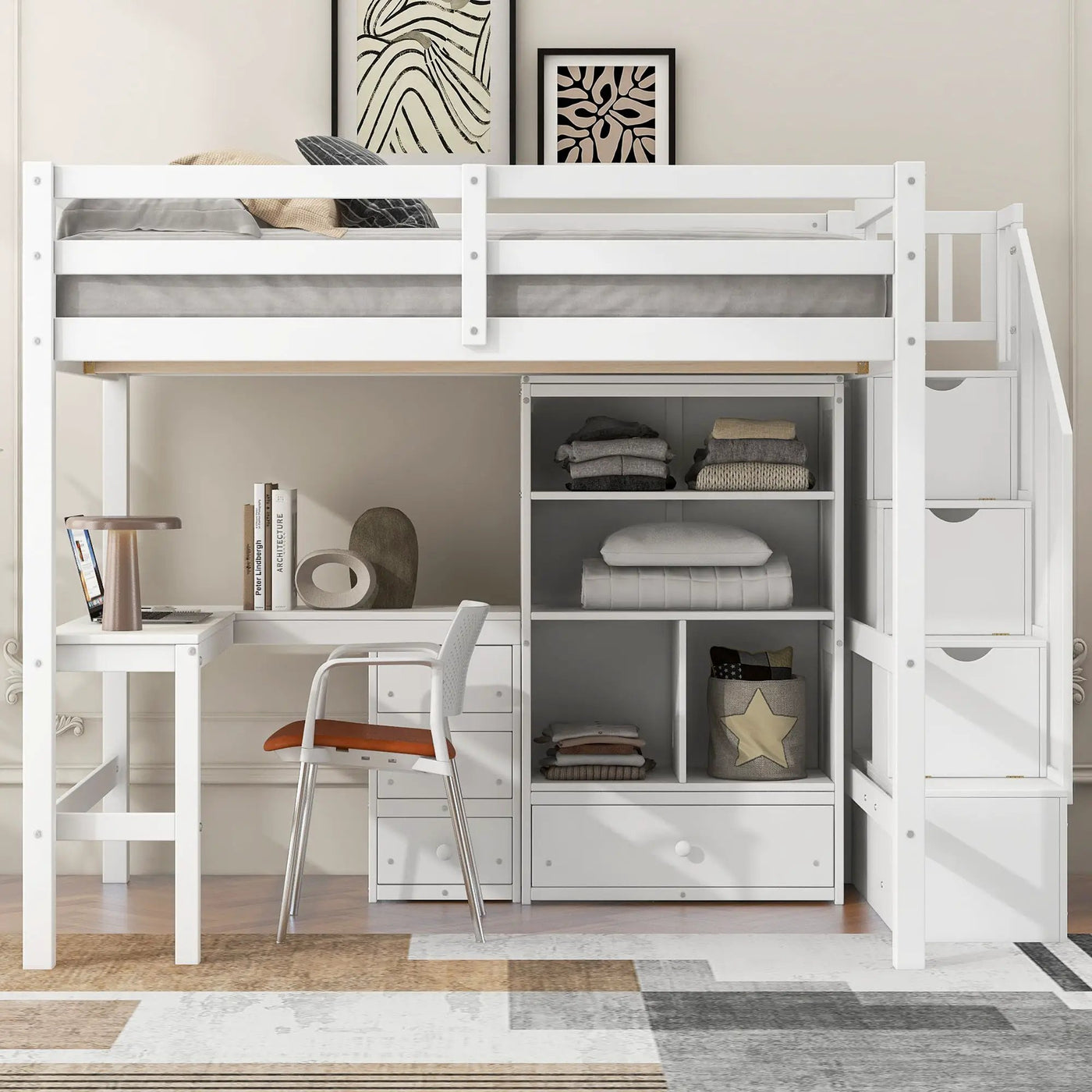 Loft Bed & L Shaped Desk, Drawers, Cabinet, And Storage Staircase by Unique Piece Furniture