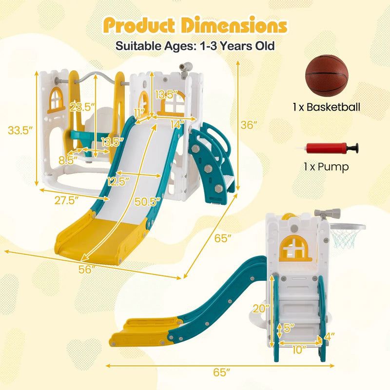 7-in-1 Toddler Swing and Slide Set L-shaped with Ladder and Basketball Hoop by DirectDeals
