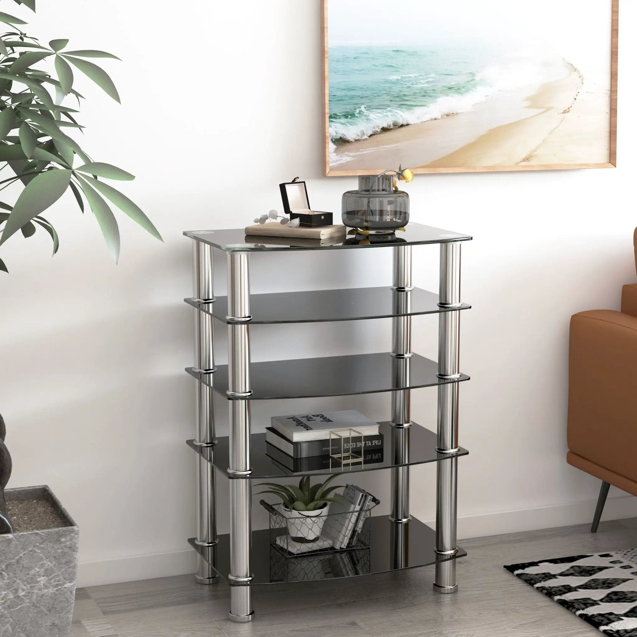5 Tier Tempered Glass Side Table, Stainless Steel Frame End Table For Living Room, Bedroom - Black by HouseOfZazla