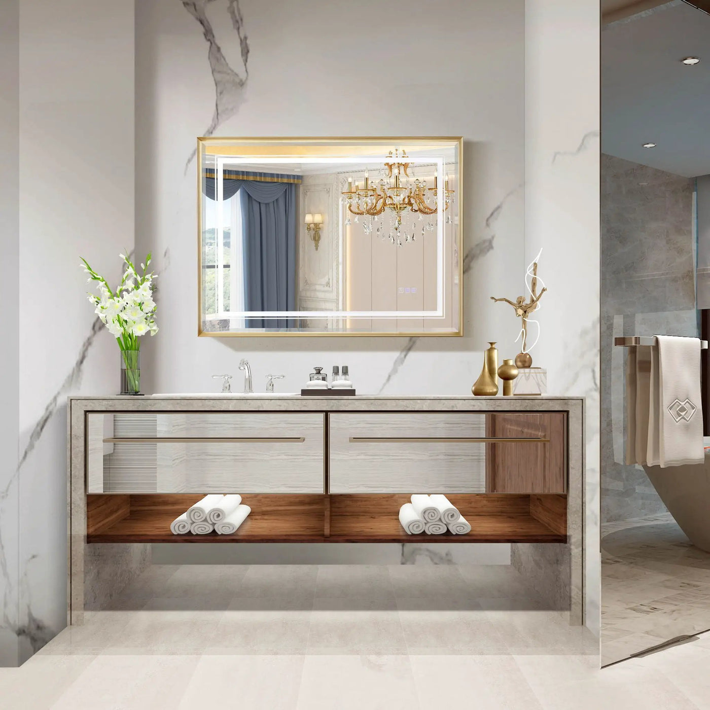 LED Bathroom Beveled Mirror, 3000 - 6000K Gradient Front And Backlit LED Mirror For Bathroom, 3 Colors Dimmable, Ip54 Enhanced Anti Fog by Unique Piece Furniture