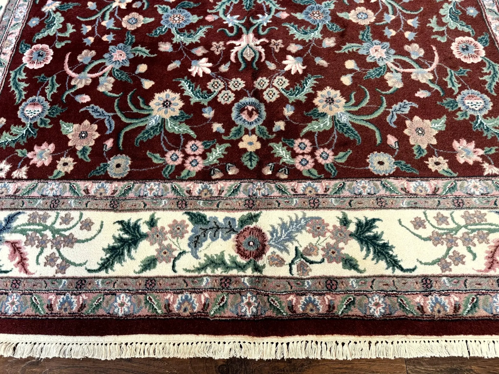 Indo Persian Rug 8x10, Red and Ivory, Floral Allover, Handmade Wool Area Rug by Jewel Rugs