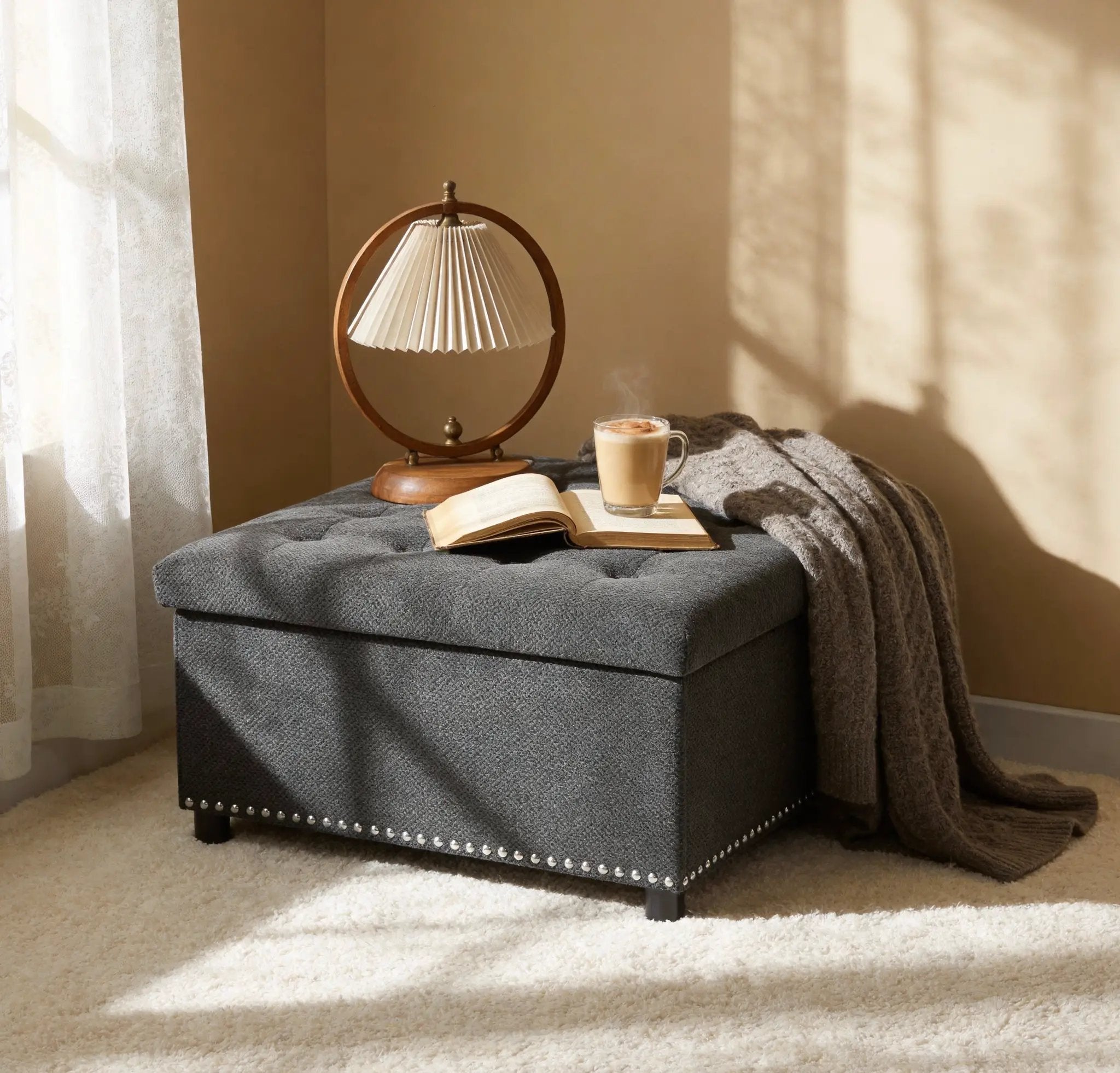 Tufted Storage Ottoman with Nailhead Trim - Dark by HouseOfZazla
