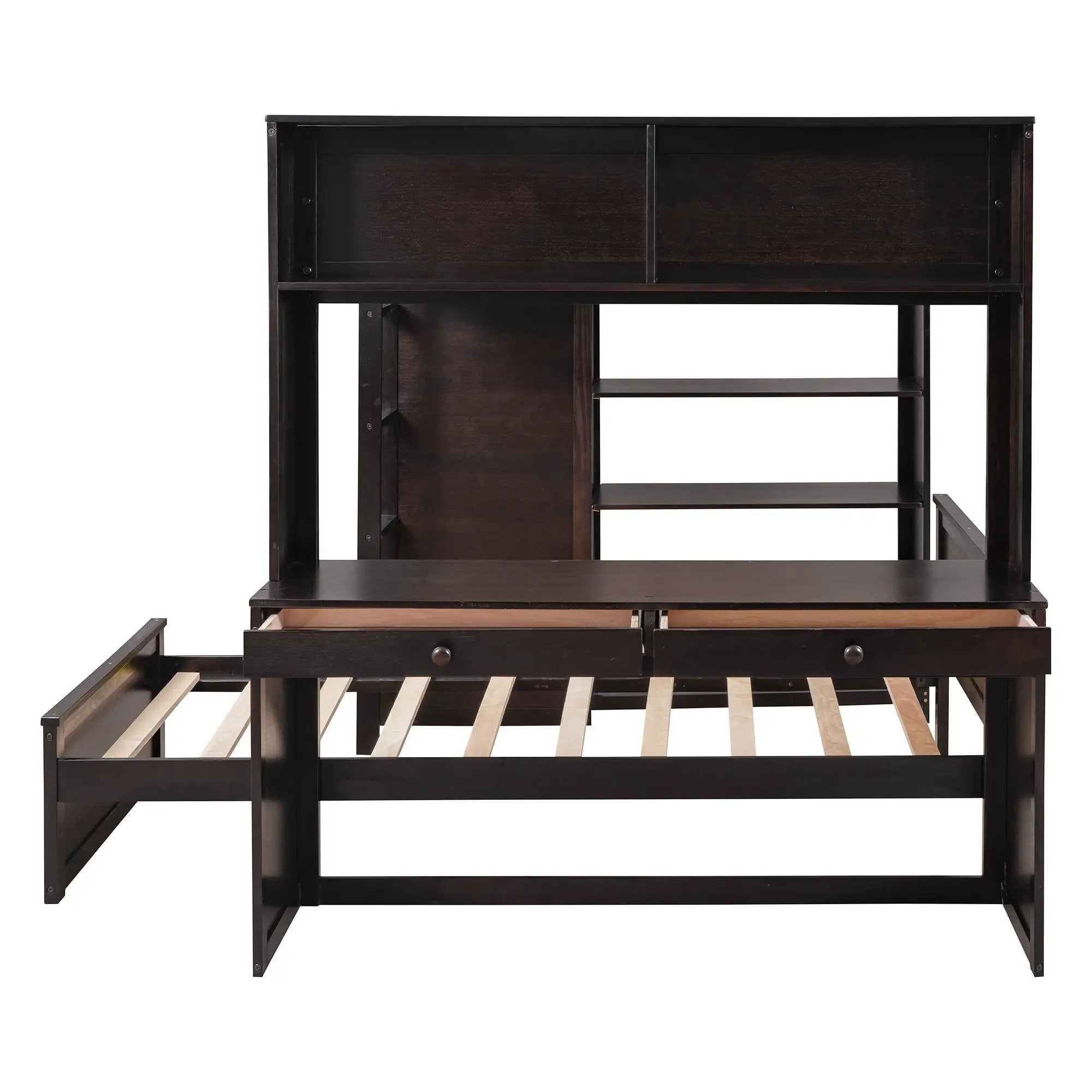 Loft Bed With A Twin Size Standalone Bed, Shelves, Desk, And Wardrobe
