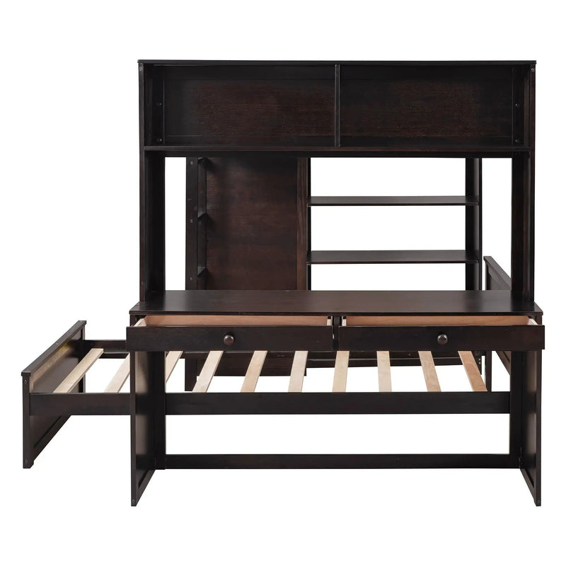 Loft Bed With A Twin Size Standalone Bed, Shelves, Desk, And Wardrobe