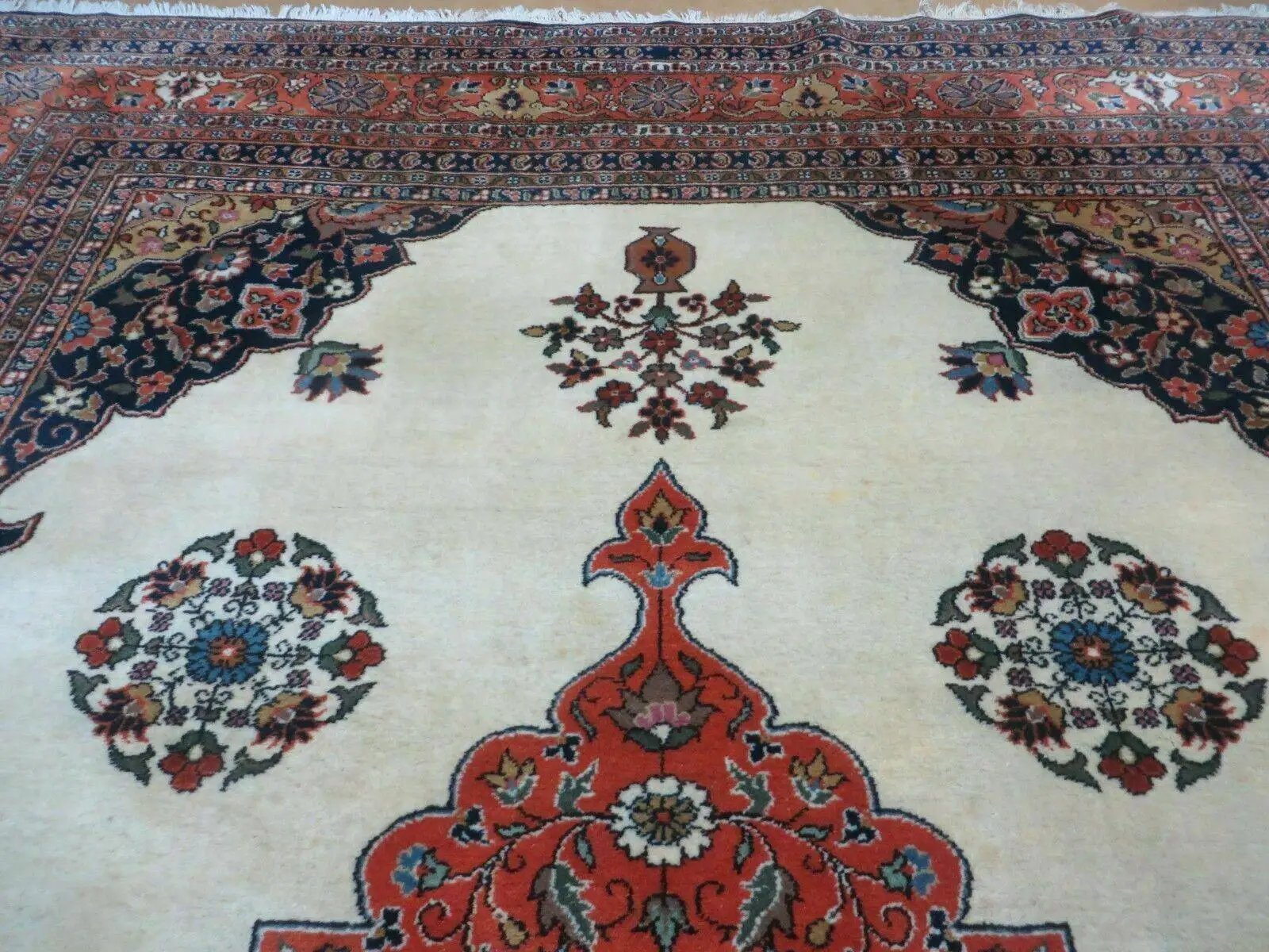 Indo Persian Rug 9x12, Semi Open Field Medallion, Ivory Tomato Red Navy Blue, Hand Knotted Indian Oriental Wool Carpet 9 x 12 ft, Room Sized by Jewel Rugs
