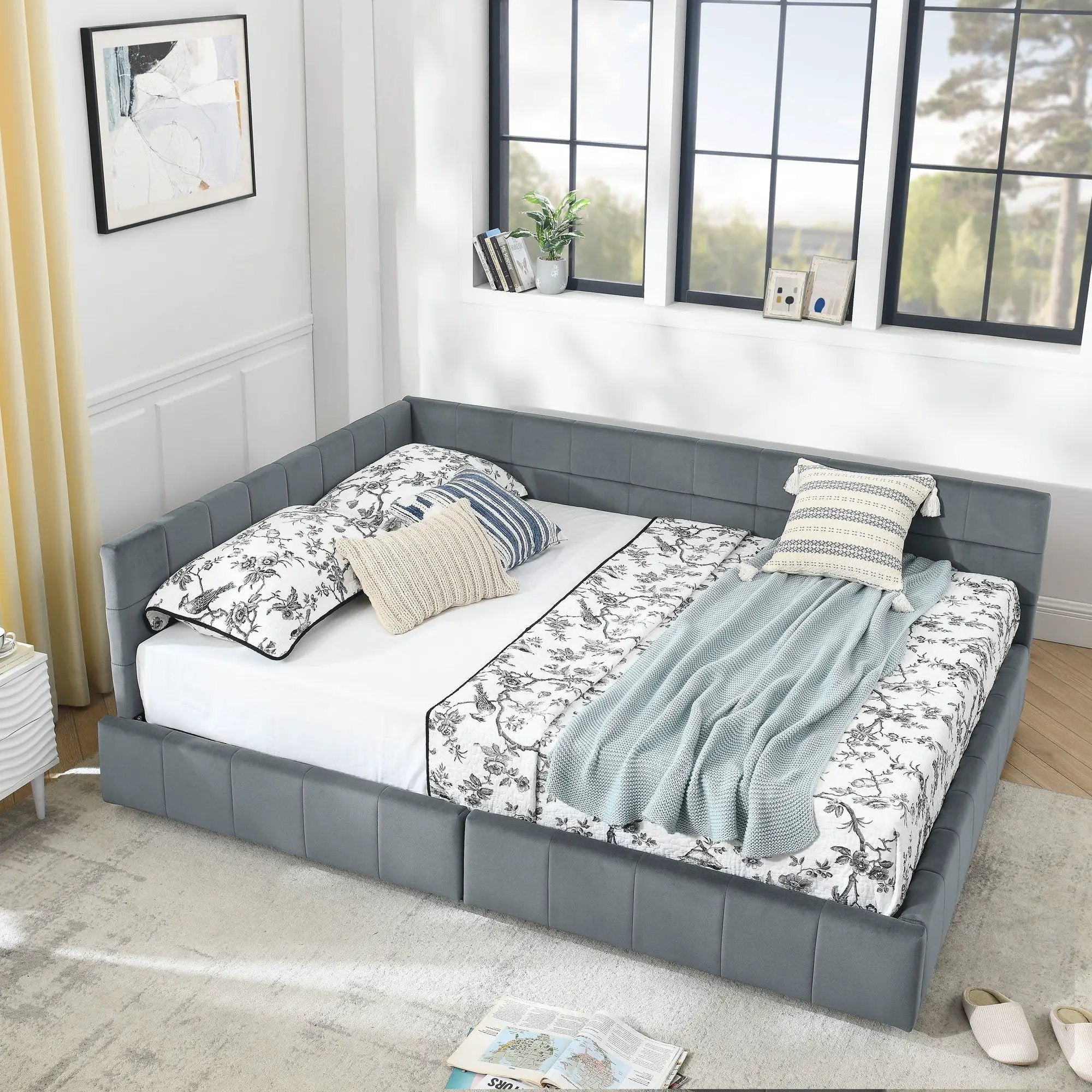 Mid-Century Storage Upholstered Tufted Bed Frame With Backrest And Armrests by HouseOfZazla